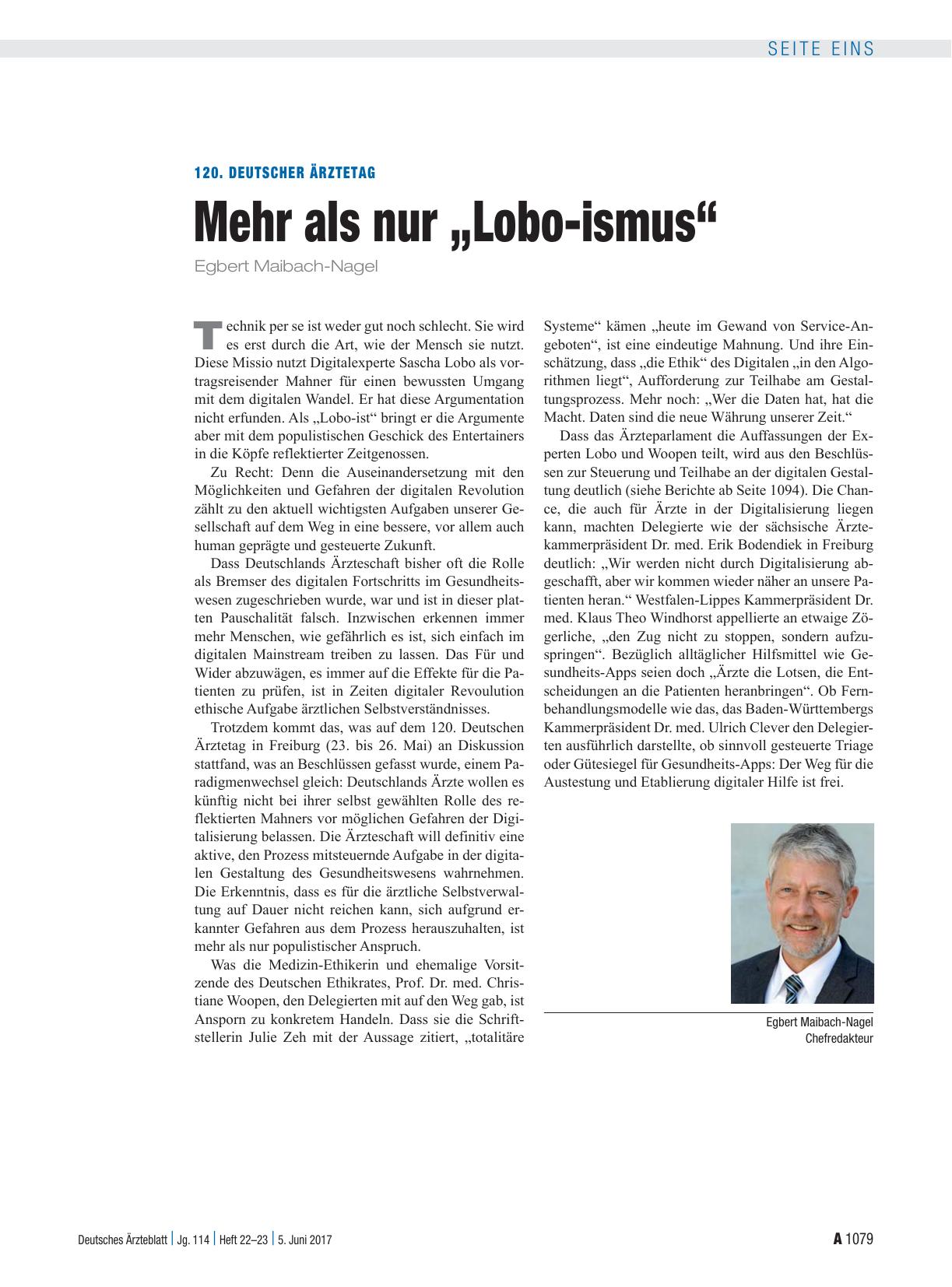 Vorschauseite 1: 120. Deutscher Ärztetag: Mehr als nur „Lobo-ismus“