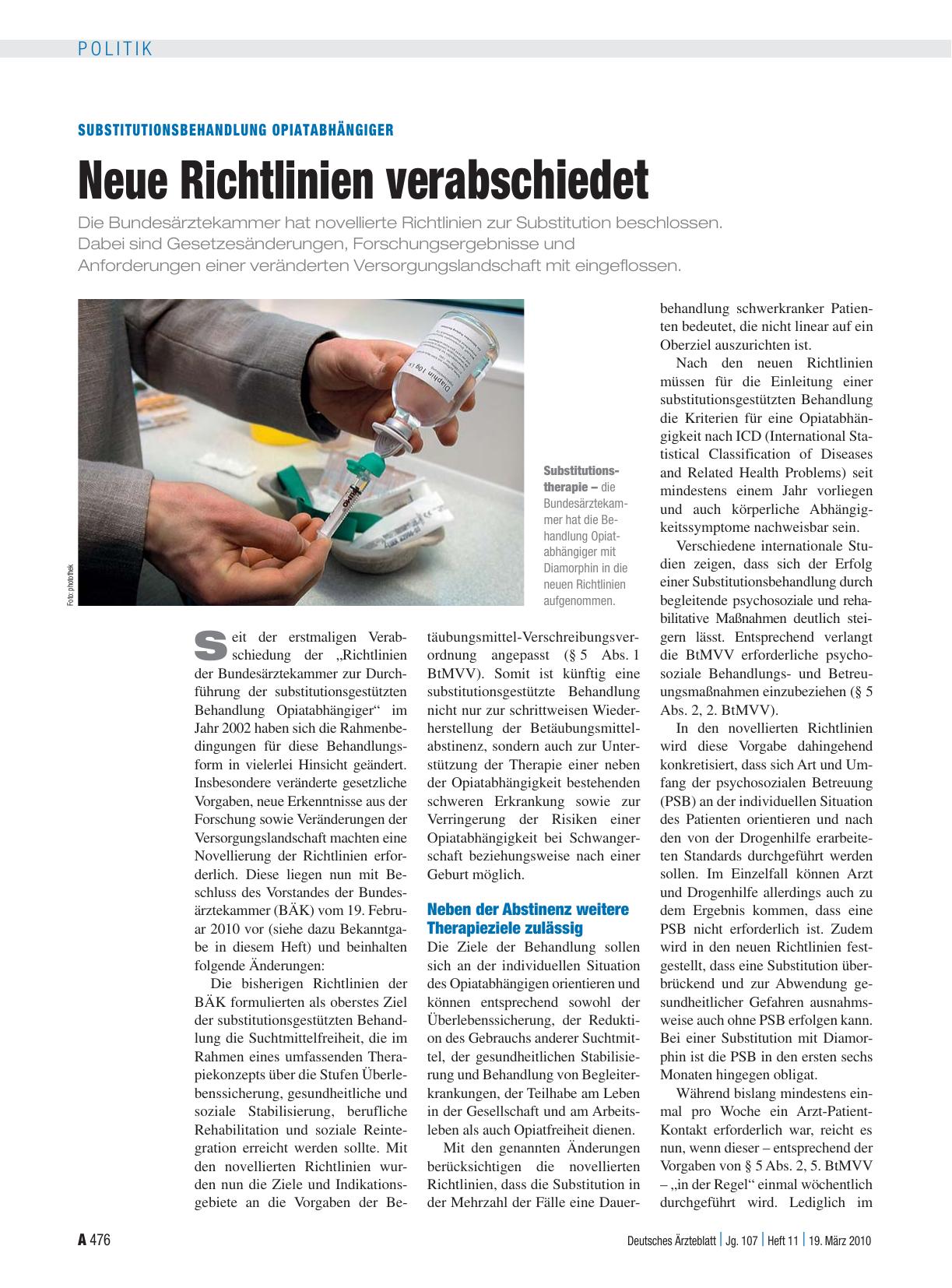 Vorschauseite 1: Substitutionsbehandlung Opiatabhängiger: Neue Richtlinien verabschiedet
