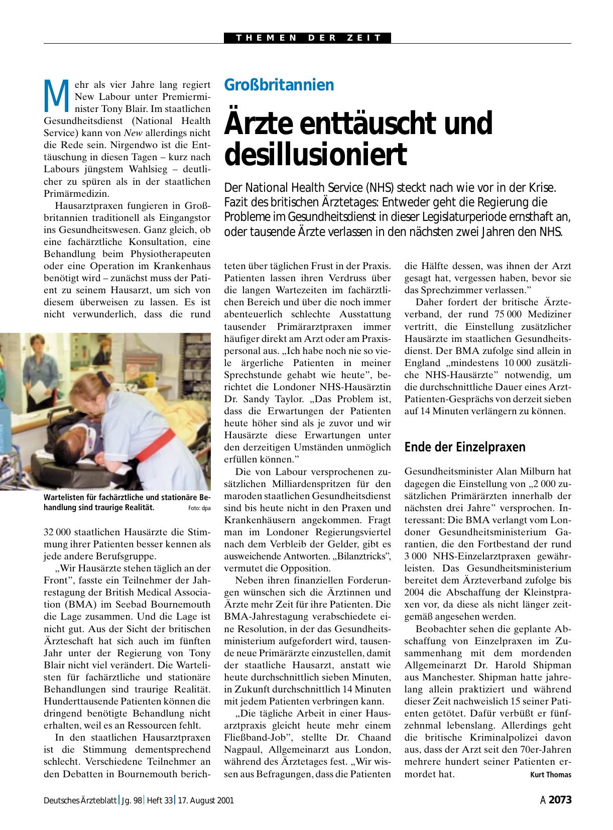 Vorschauseite 1: Großbritannien: Ärzte enttäuscht und desillusioniert