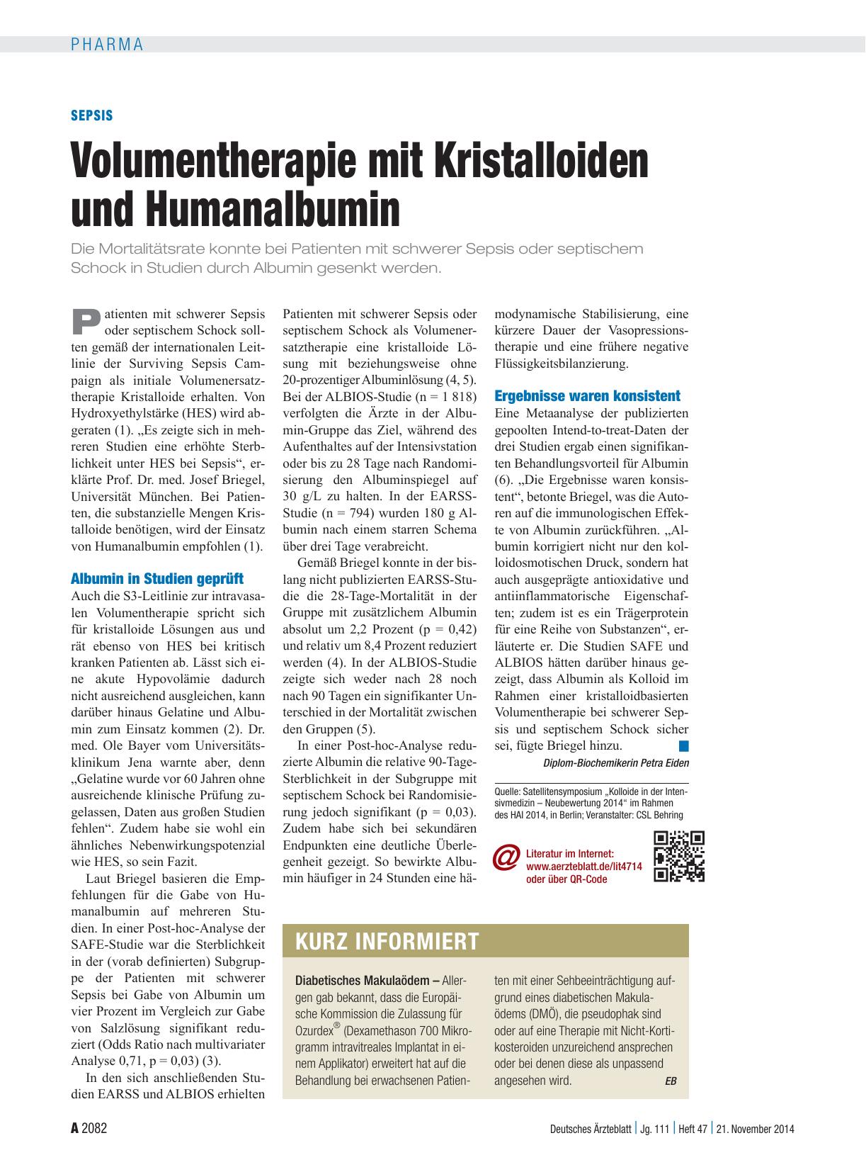 Vorschauseite 1: Sepsis: Volumentherapie mit Kristalloiden und Humanalbumin