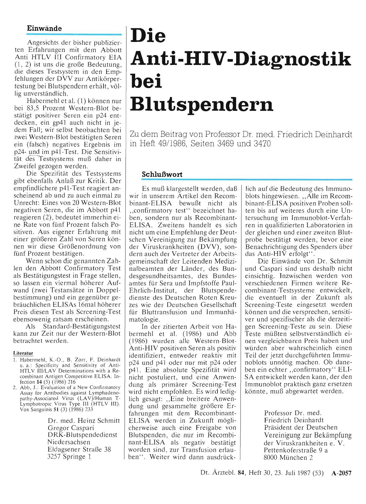 Vorschauseite 1: Die Anti-HIV-Diagnostik bei Blutspendern: Schlußwort