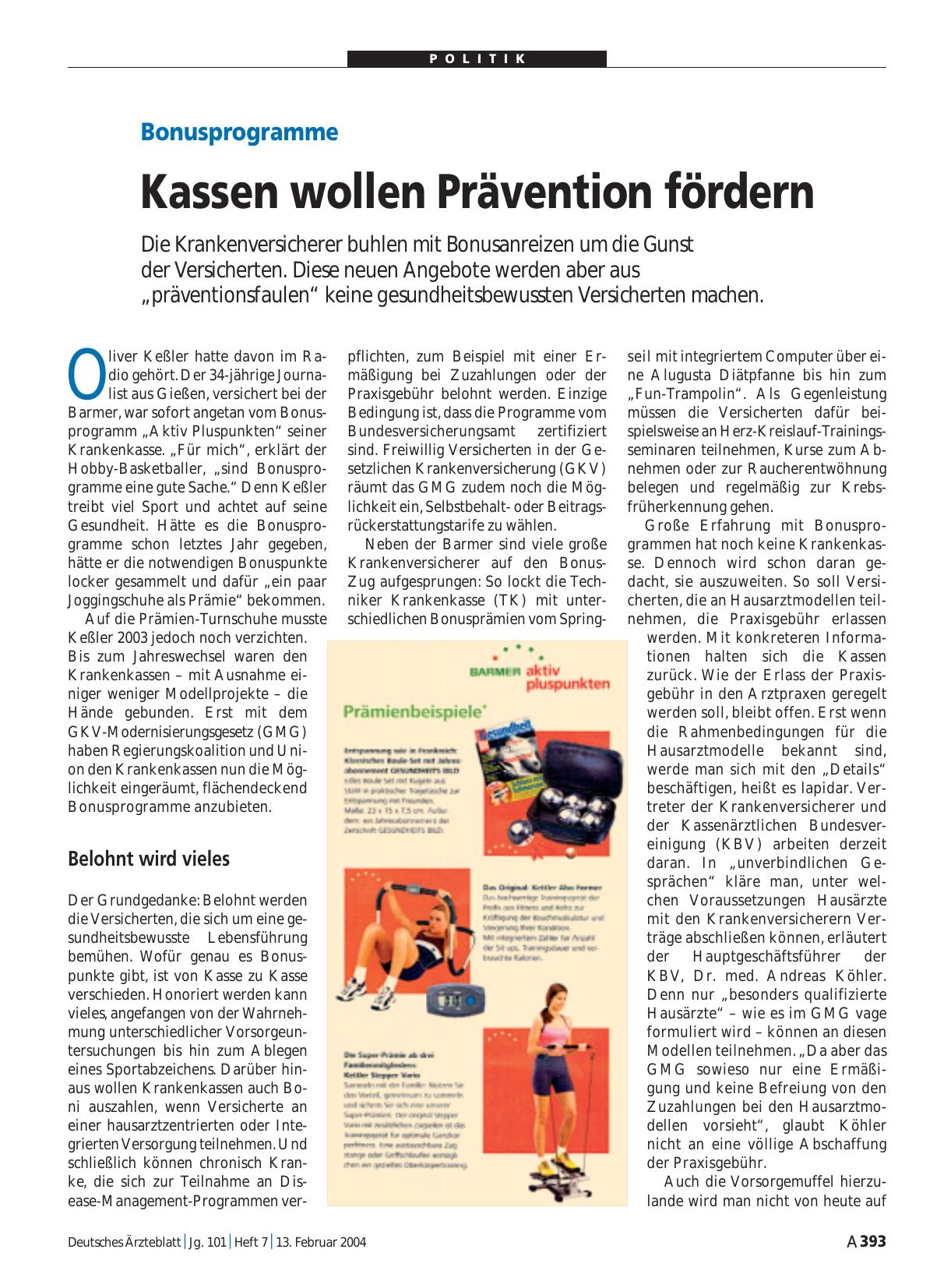 Vorschauseite 1: Bonusprogramme: Kassen wollen Prävention fördern