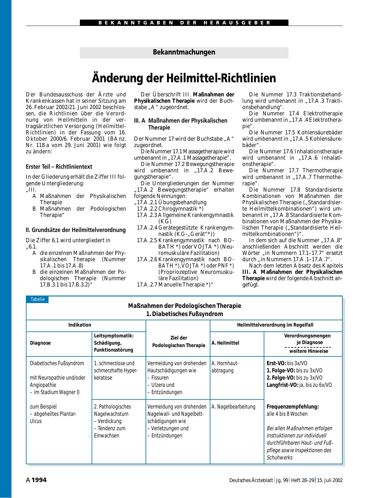 Vorschauseite 1: Bekanntmachungen: Änderung der Heilmittel-Richtlinien