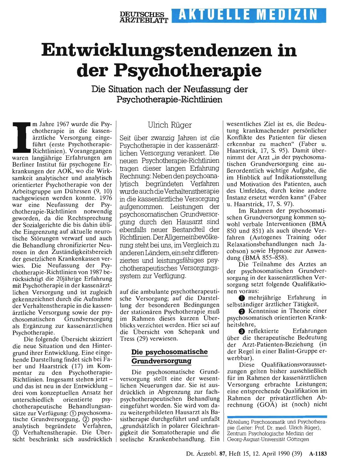 Vorschauseite 1: Entwicklungstendenzen in der Psychotherapie: Die Situation nach der Neufassung der Psychotherapie-Richtlinien