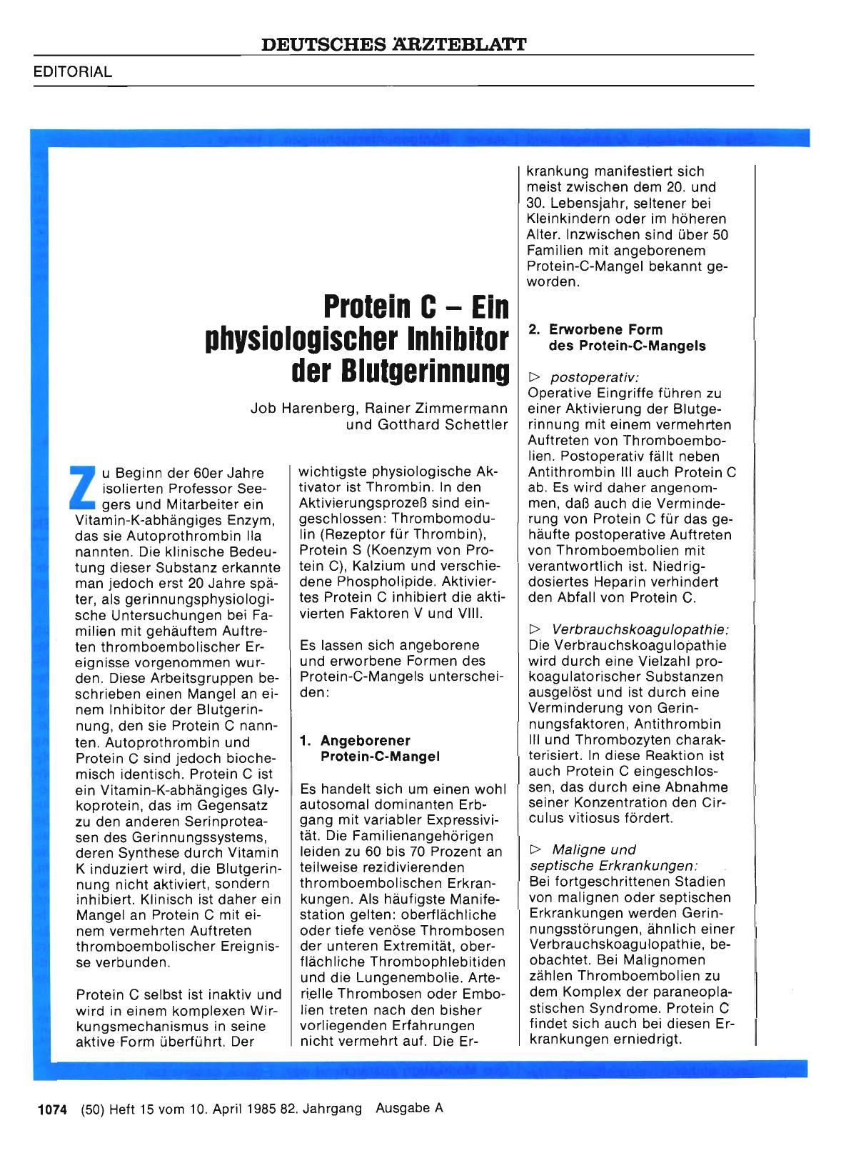 Vorschauseite 1: Protein C — Ein physiologischer Inhibitor der Blutgerinnung