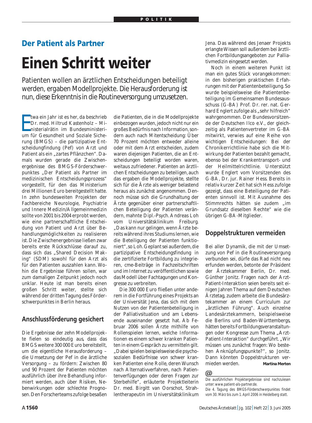 Vorschauseite 1: Der Patient als Partner: Einen Schritt weiter