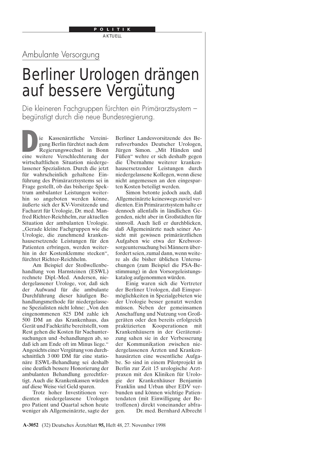 Vorschauseite 1: Ambulante Versorgung: Berliner Urologen drängen auf bessere Vergütung