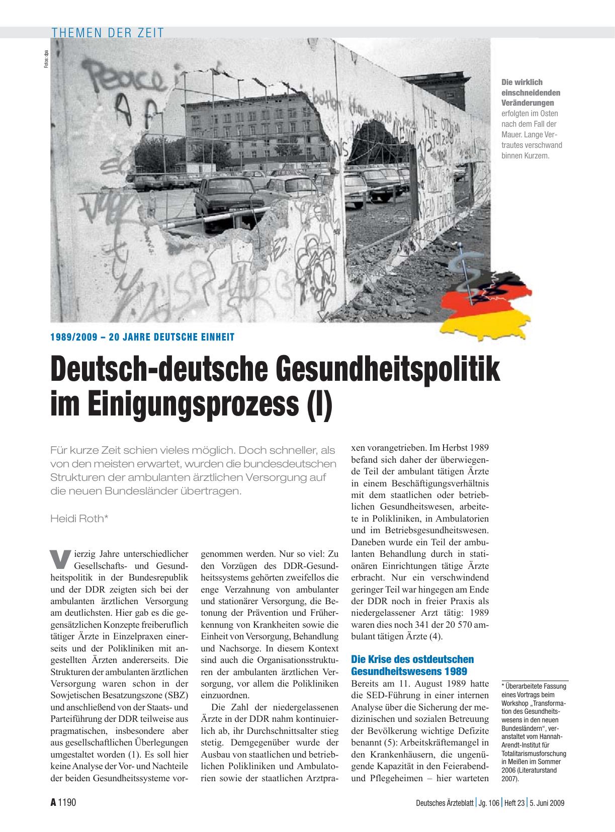 Vorschauseite 1: 1989/2009 – 20 Jahre Deutsche Einheit: Deutsch-deutsche Gesundheitspolitik im Einigungsprozess (I)