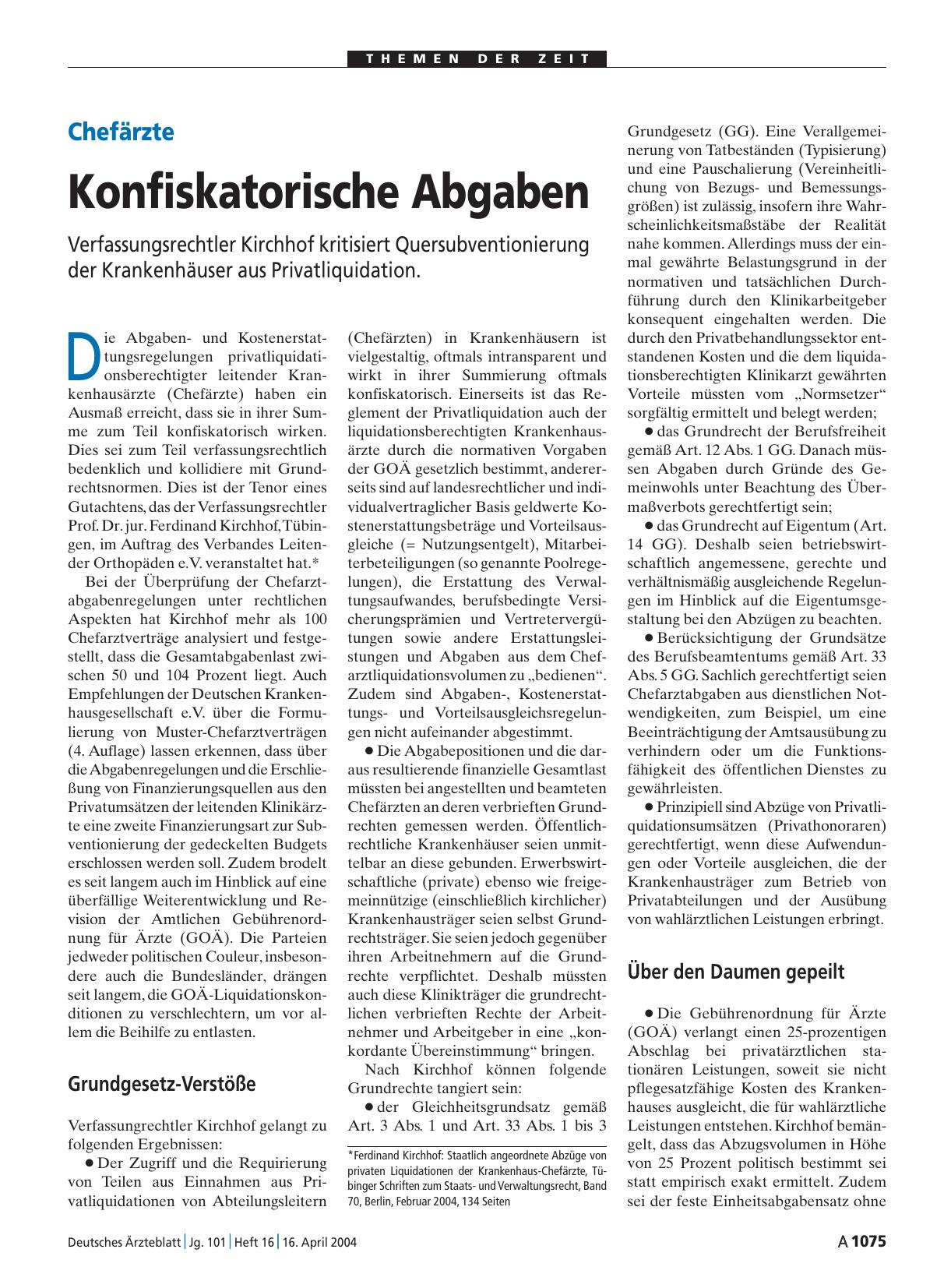 Vorschauseite 1: Chefärzte: Konfiskatorische Abgaben