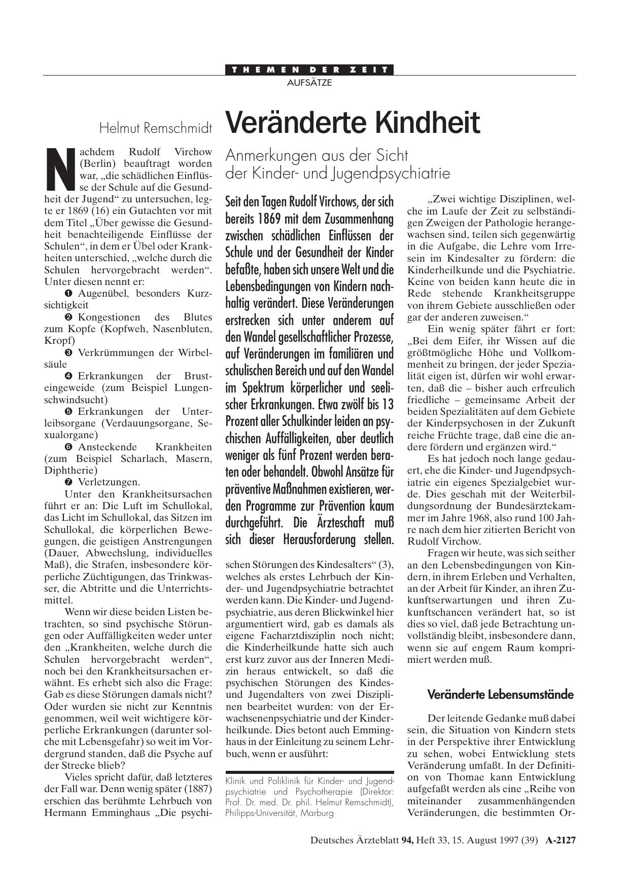 Vorschauseite 1: Veränderte Kindheit: Anmerkungen aus der Sicht der Kinderund Jugendpsychiatrie