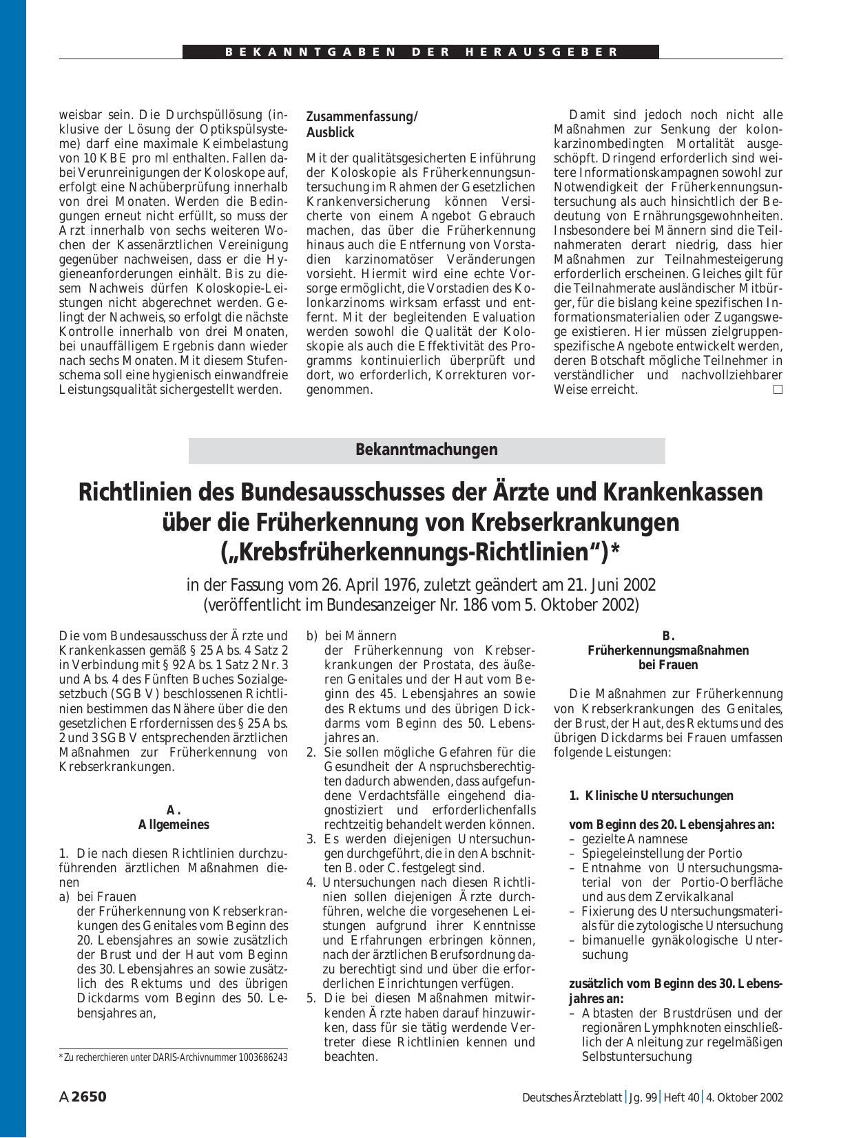 Vorschauseite 1: Bekanntmachungen: Richtlinien des Bundesausschusses der Ärzte und Krankenkassen über die Früherkennung von Krebserkrankungen („Krebsfrüherkennungs-Richtlinien“)*