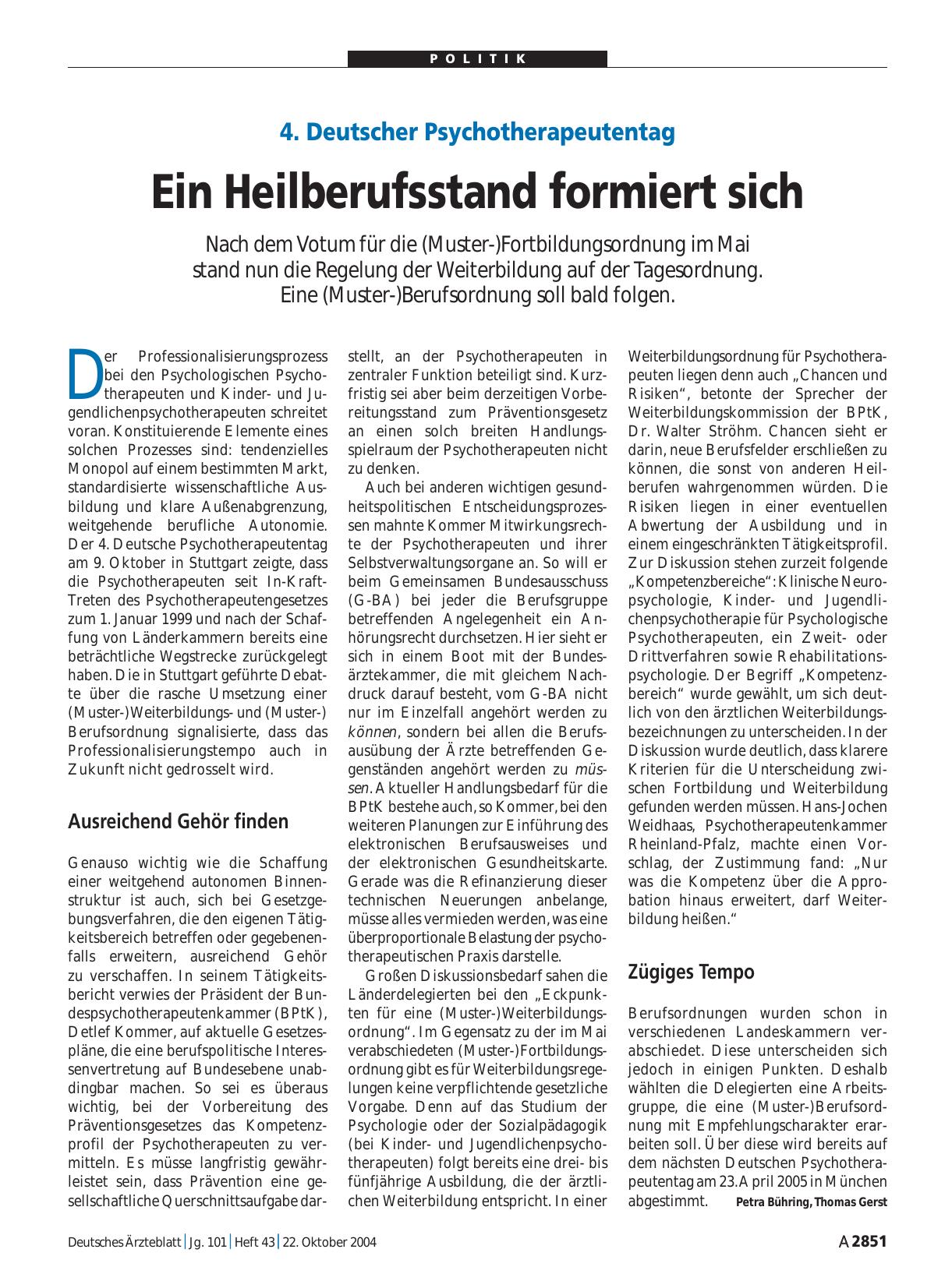 Vorschauseite 1: 4. Deutscher Psychotherapeutentag: Ein Heilberufsstand formiert sich