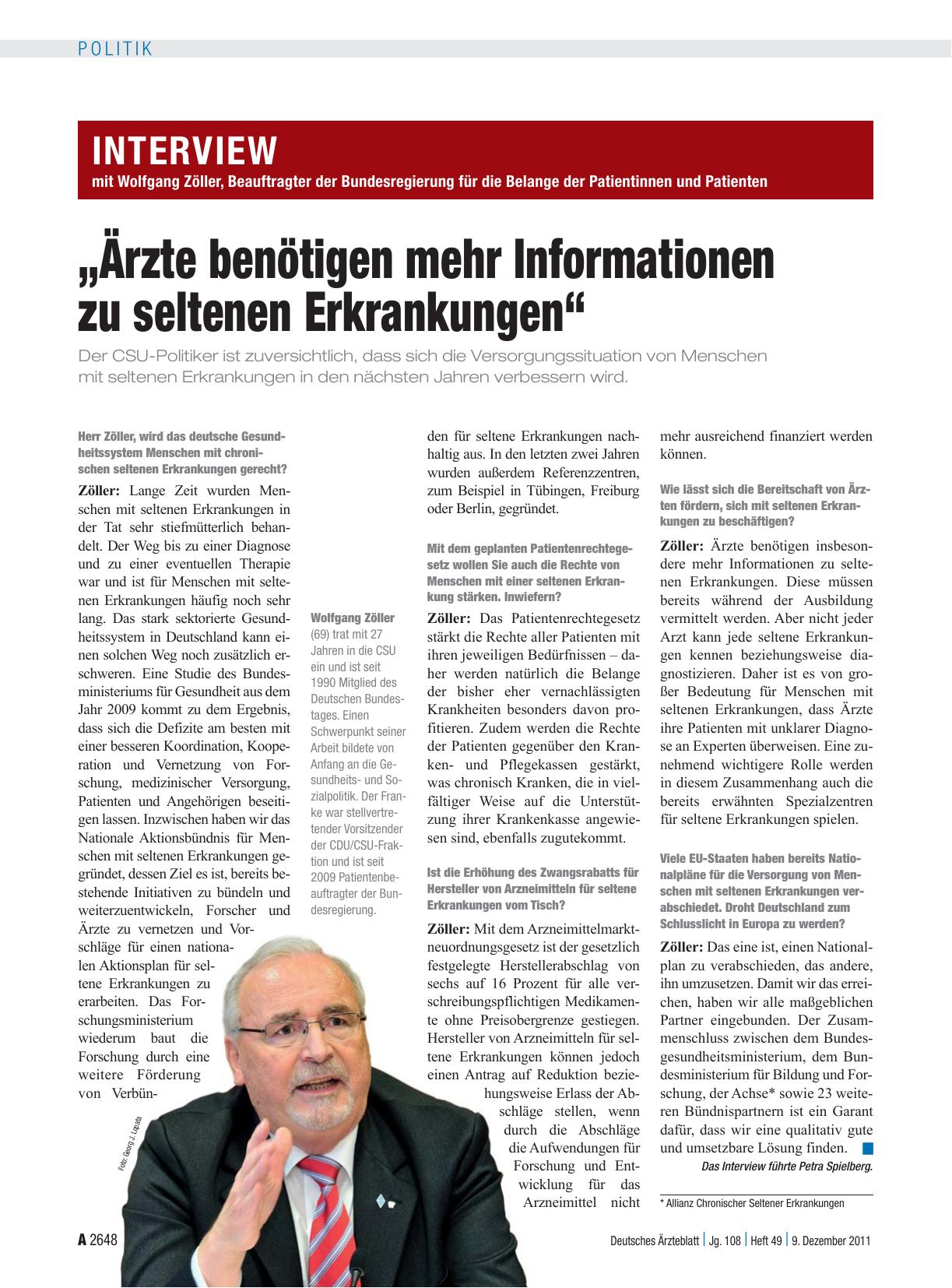 Vorschauseite 1: Interview mit Wolfgang Zöller, Beauftragter der Bundesregierung für die Belange der Patientinnen und Patienten: „Ärzte benötigen mehr Informationen zu seltenen Erkrankungen“