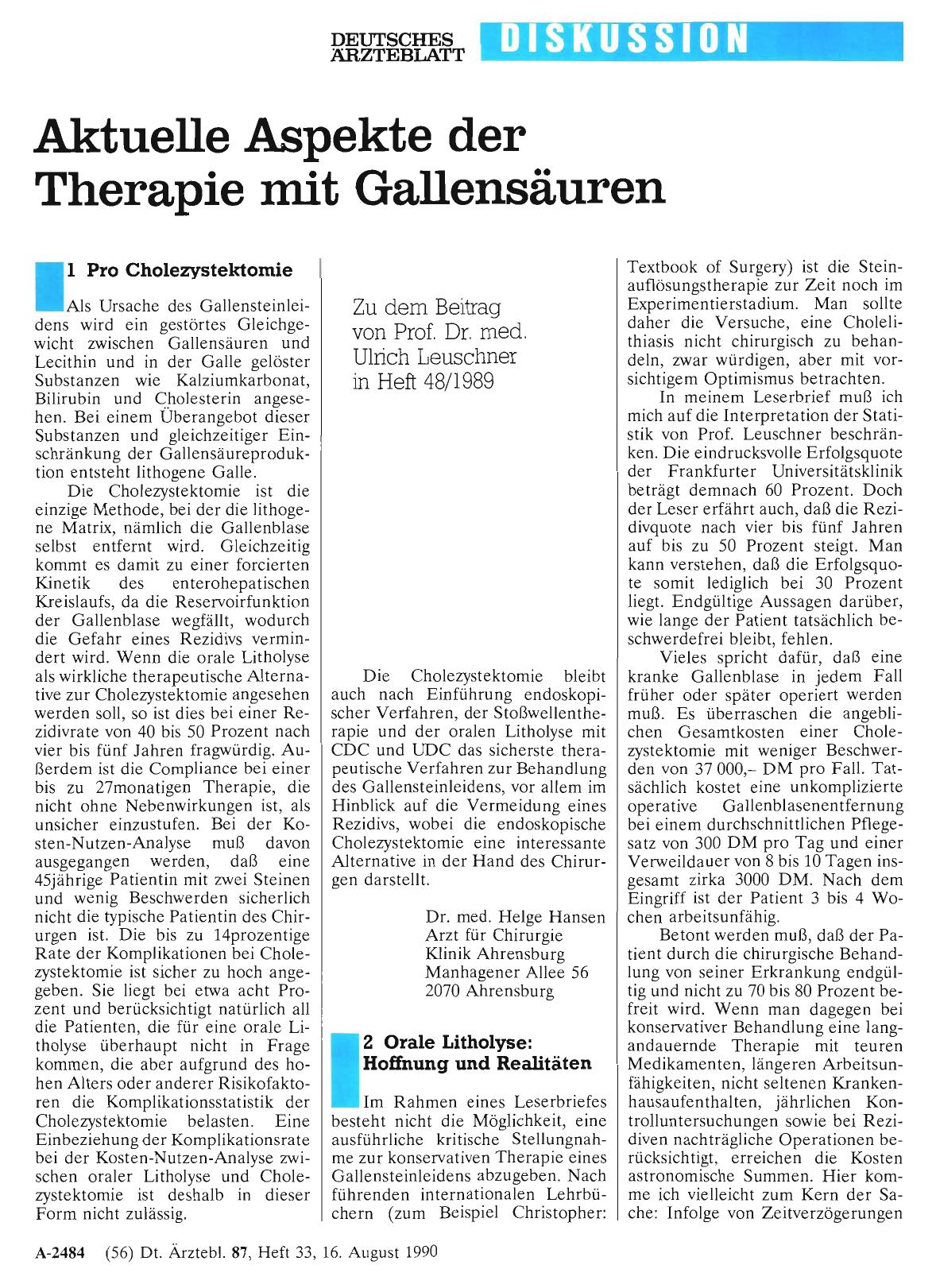 Vorschauseite 1: Aktuelle Aspekte der Therapie mit Gallensäuren: 2 Orale Litholyse: Hoffnung und Realitäten