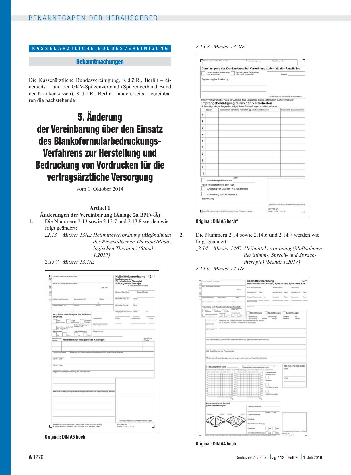 Vorschauseite 1: 5. Änderung der Vereinbarung über den Einsatz des Blankoformularbedruckungs-Verfahrens zur Herstellung und Bedruckung von Vordrucken für die vertragsärztliche Versorgung