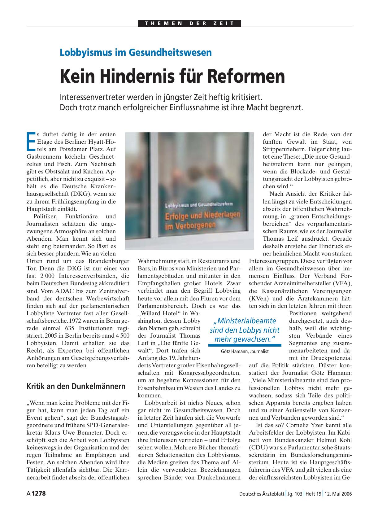 Vorschauseite 1: Lobbyismus im Gesundheitswesen: Kein Hindernis für Reformen