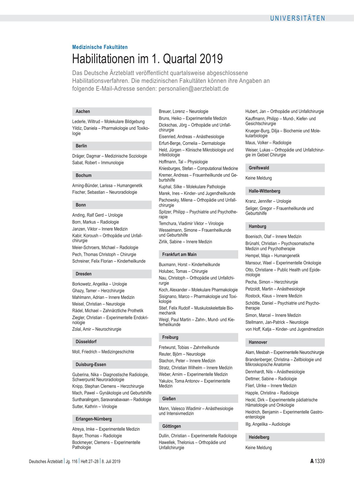 Vorschauseite 1: Medizinische Fakultäten: Habilitationen im 1. Quartal 2019