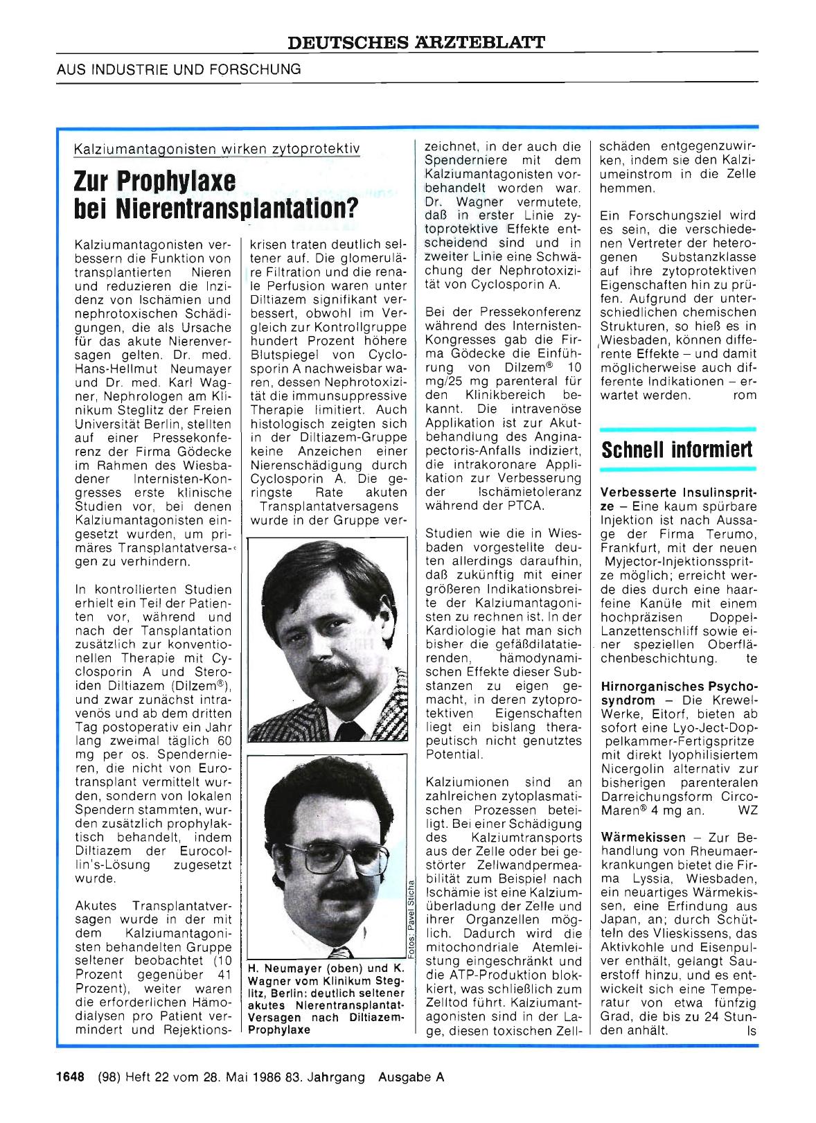 Vorschauseite 1: Kalziumantagonisten wirken zytoprotektiv: Zur Prophylaxe bei Nierentransplantation?