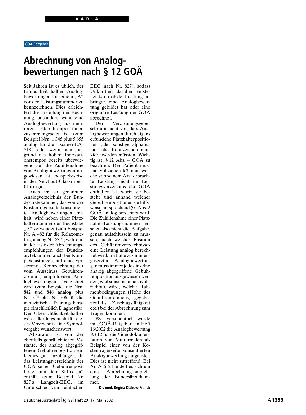 Vorschauseite 1: Abrechnung von Analogbewertungen nach § 12 GOÄ