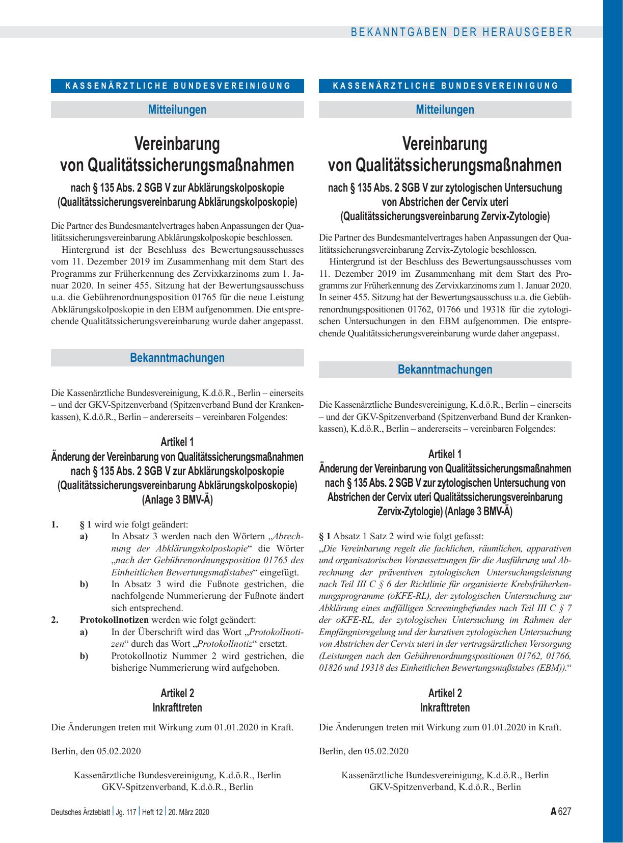 Vorschauseite 1: Vereinbarung von Qualitätssicherungsmaßnahmen: zytologischen Untersuchung von Abstrichen der Cervix uteri (Qualitätssicherungsvereinbarung Zervix-Zytologie)