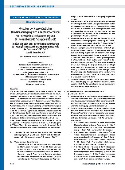 Vorschauseite 1: Vorgaben der Kassenärztlichen Bundesvereinigung für die Leistungserbringer zur Coronavirus-Testverordnung vom 30. November 2020 (Vorgaben KBV-LE) gemäß § 7 Absatz 6 und 7 der Vero…