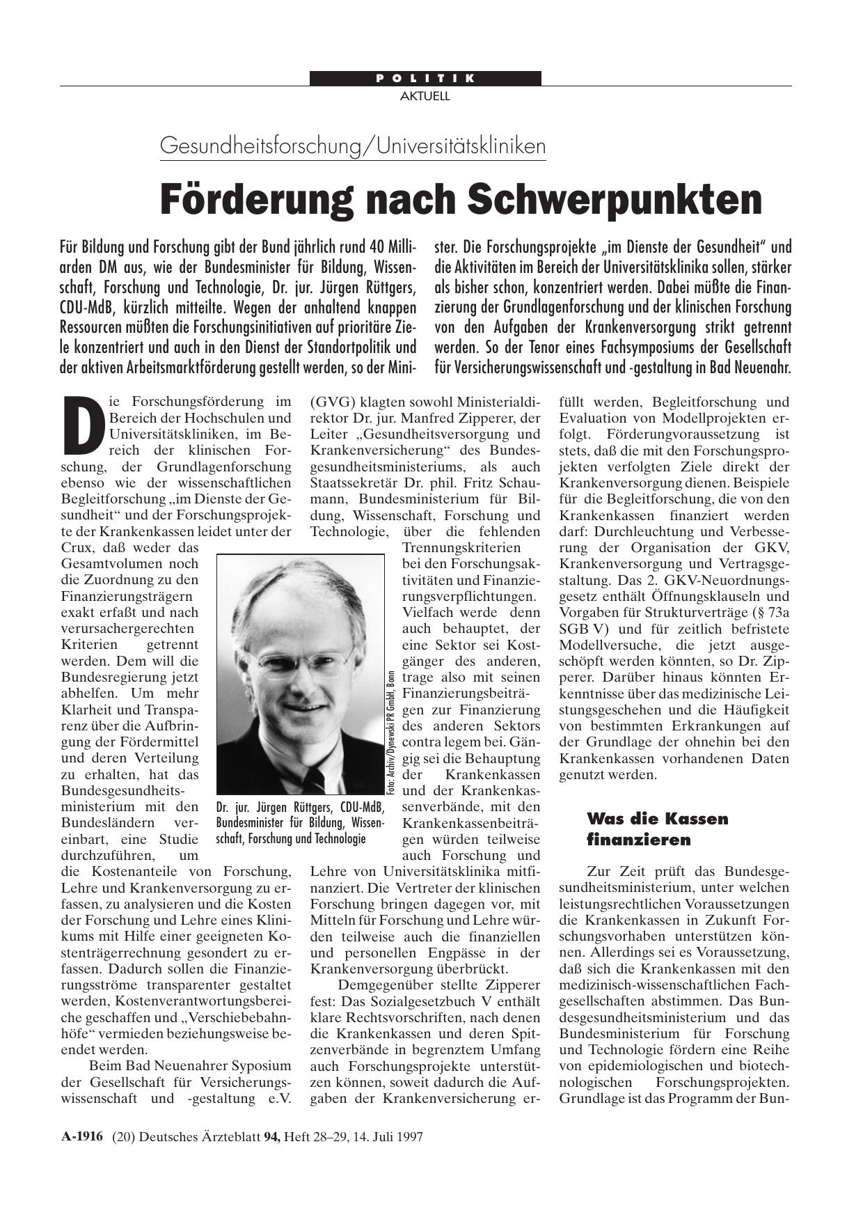 Vorschauseite 1: Gesundheitsforschung/Universitätskliniken: Förderung nach Schwerpunkten