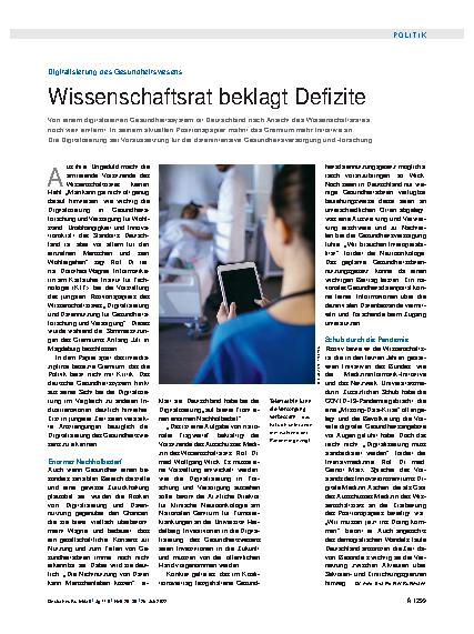 Vorschauseite 1: Digitalisierung des Gesundheitswesens: Wissenschaftsrat beklagt Defizite