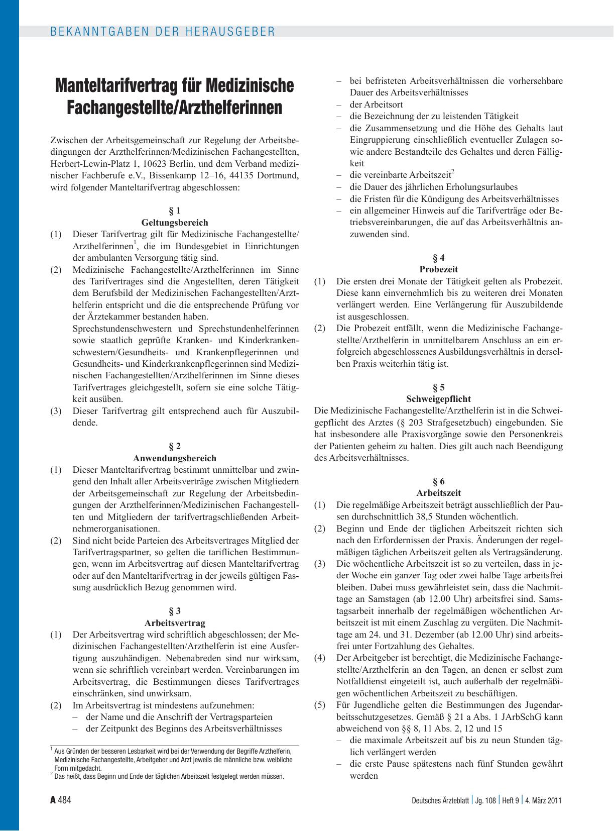 Vorschauseite 1: Manteltarifvertrag für Medizinische Fachangestellte/Arzthelferinnen