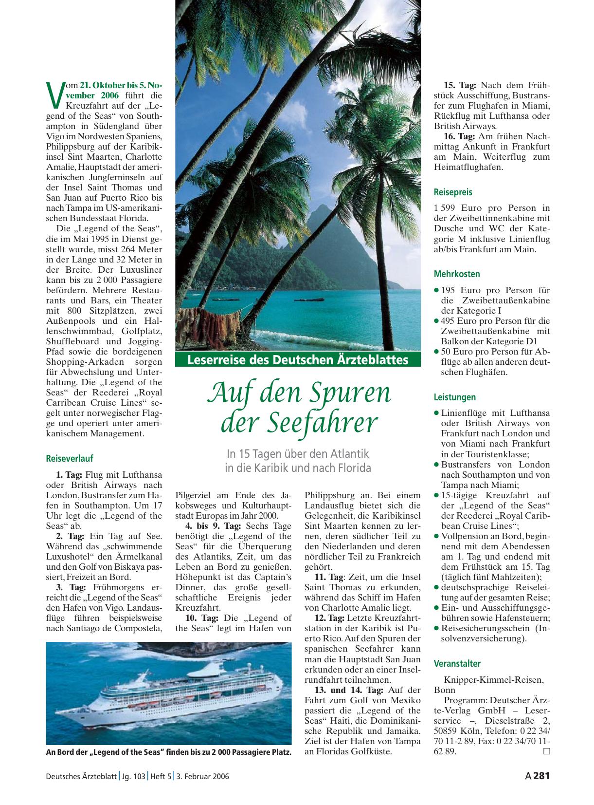 Vorschauseite 1: Leserreise des Deutschen Ärzteblattes: Auf den Spuren der Seefahrer