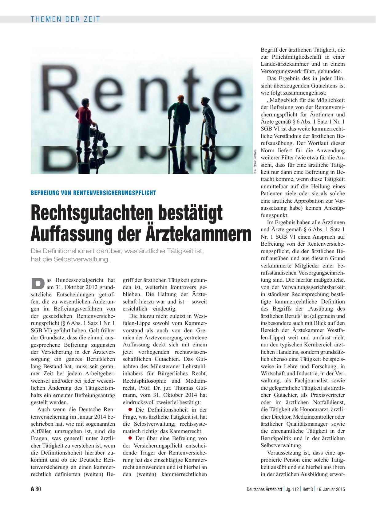 Vorschauseite 1: Befreiung von Rentenversicherungspflicht: Rechtsgutachten bestätigt Auffassung der Ärztekammern