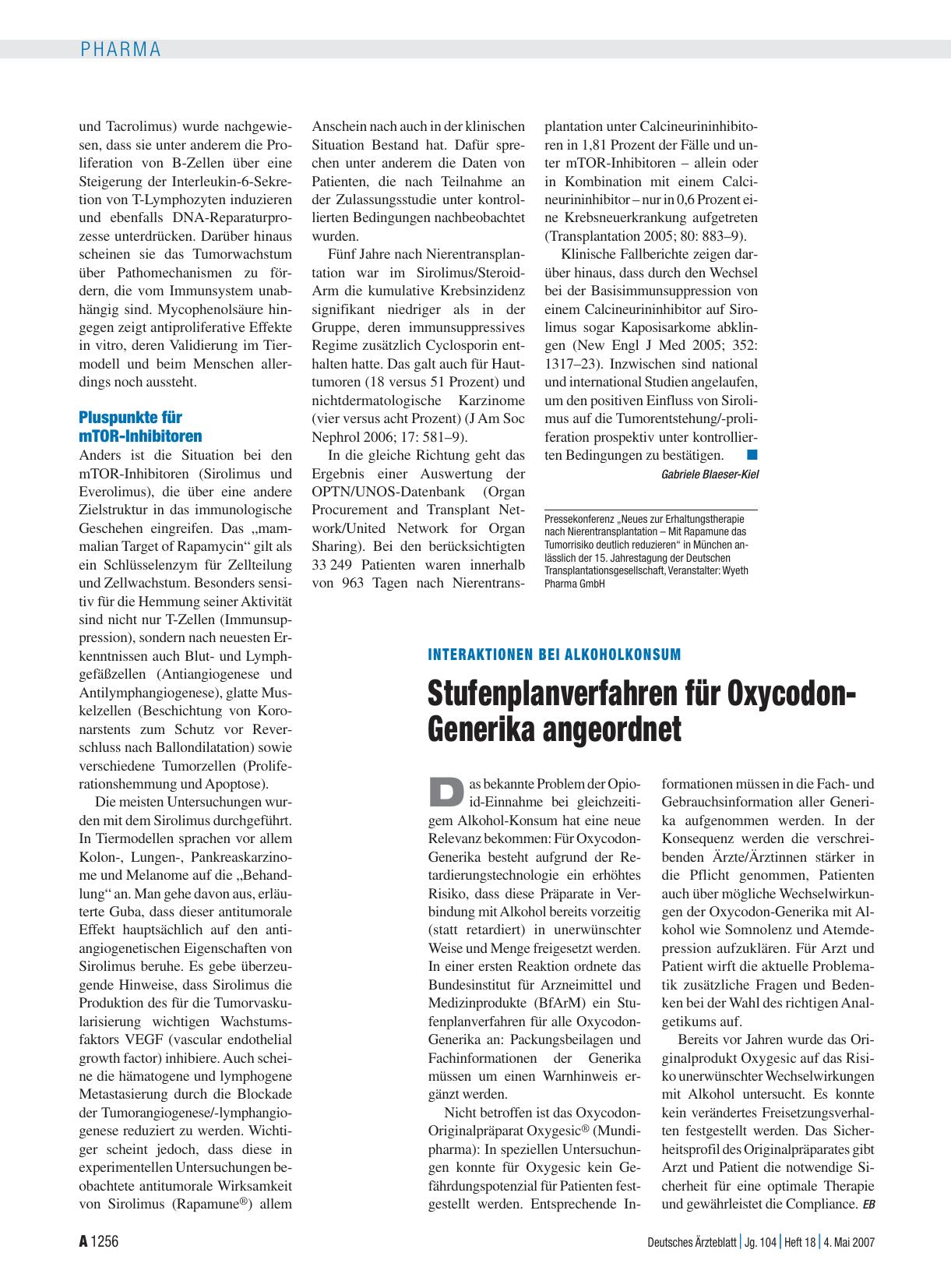 Vorschauseite 1: Interaktionen bei Alkoholkonsum: Stufenplanverfahren für Oxycodon-Generika angeordnet