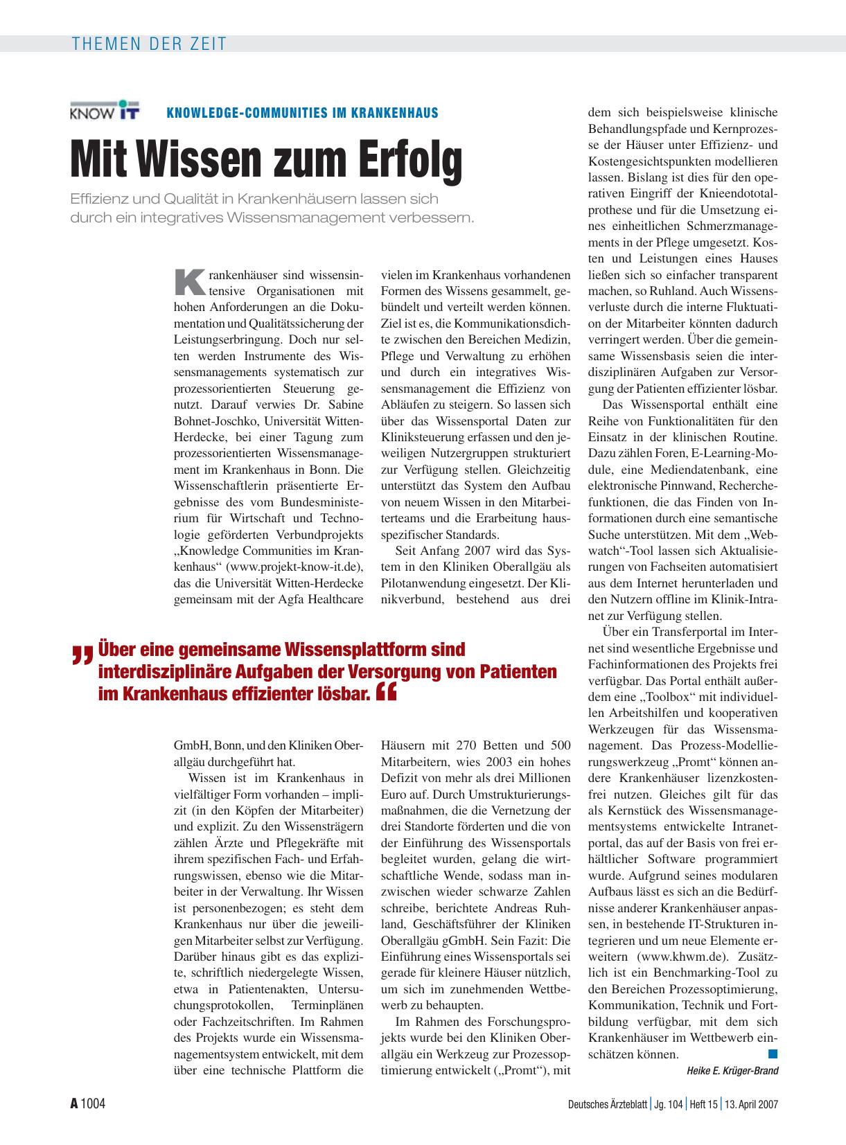 Vorschauseite 1: Knowledge-Communities im Krankenhaus: Mit Wissen zum Erfolg
