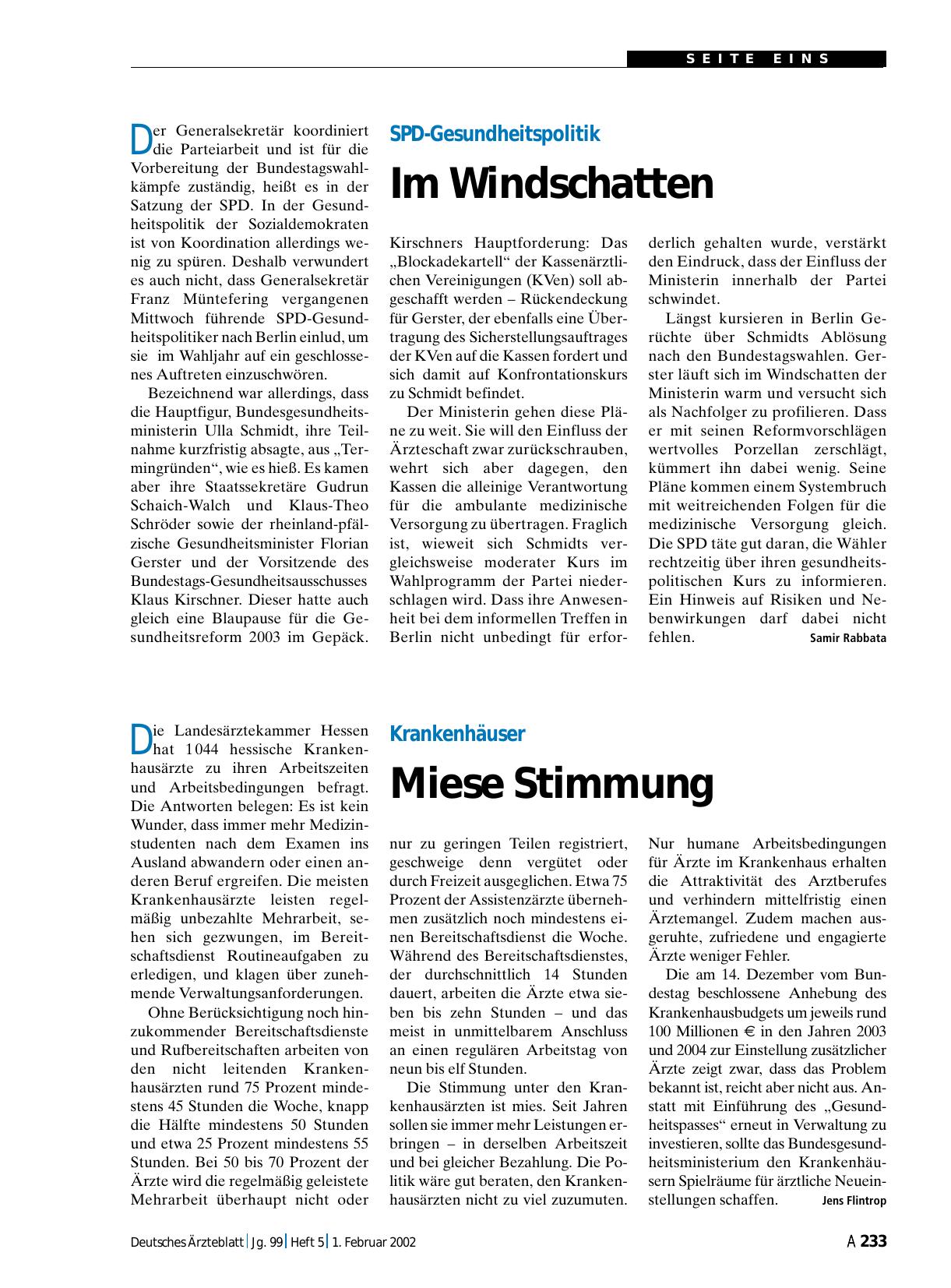 Vorschauseite 1: SPD-Gesundheitspolitik: Im Windschatten