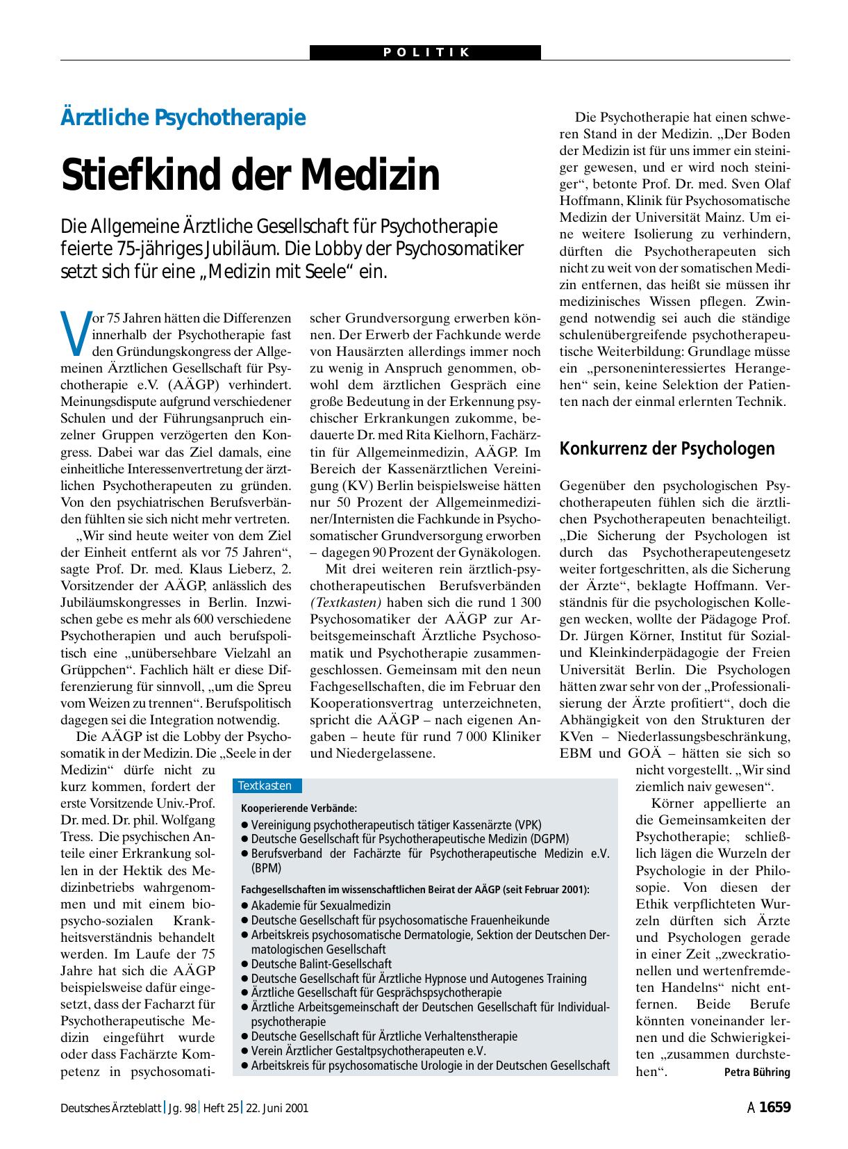 Vorschauseite 1: Ärztliche Psychotherapie: Stiefkind der Medizin