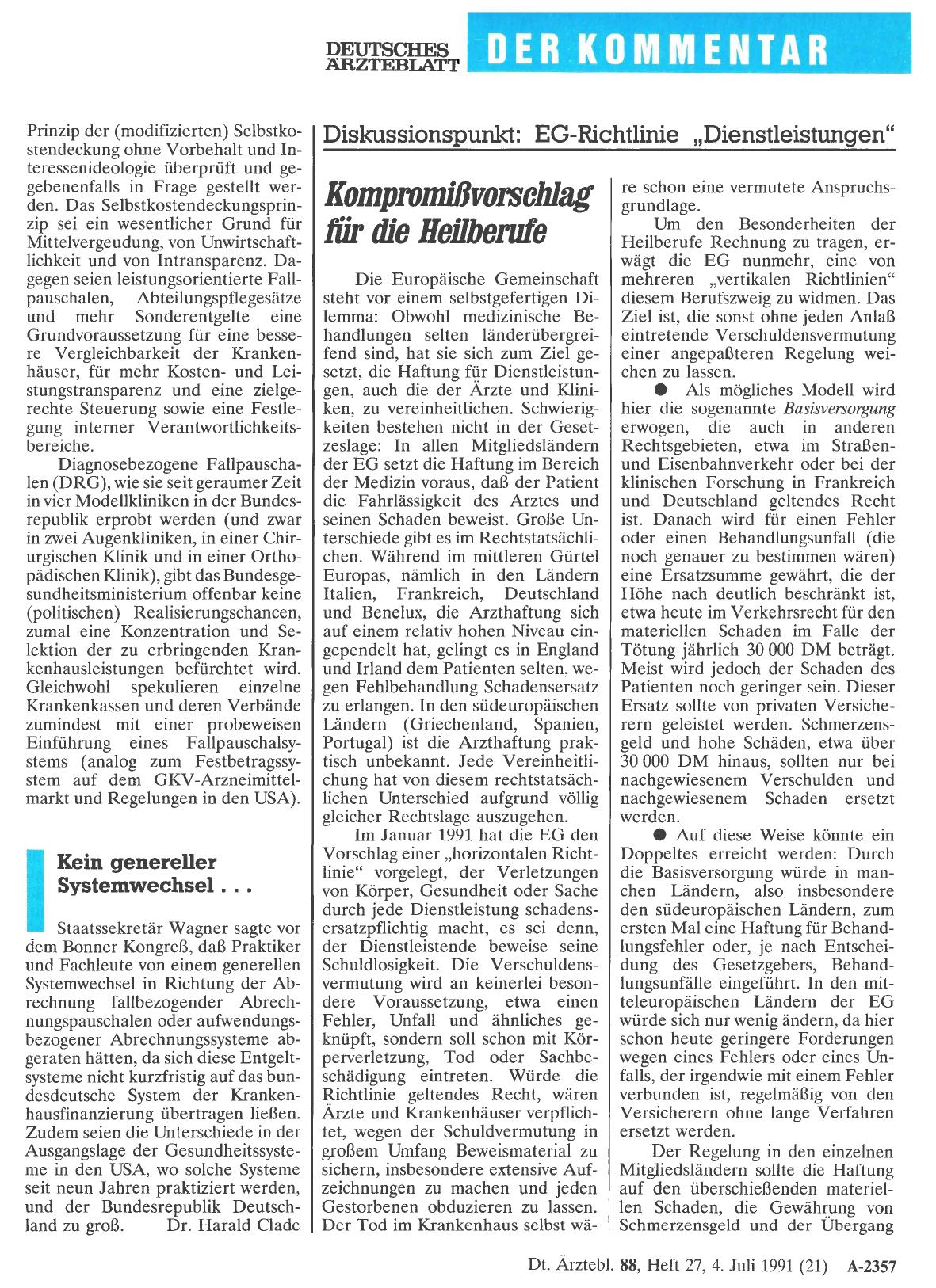 Vorschauseite 1: Diskussionspunkt: EG-Richtlinie „Dienstleistungen“: Kompromißvorschlag für die Heilberufe