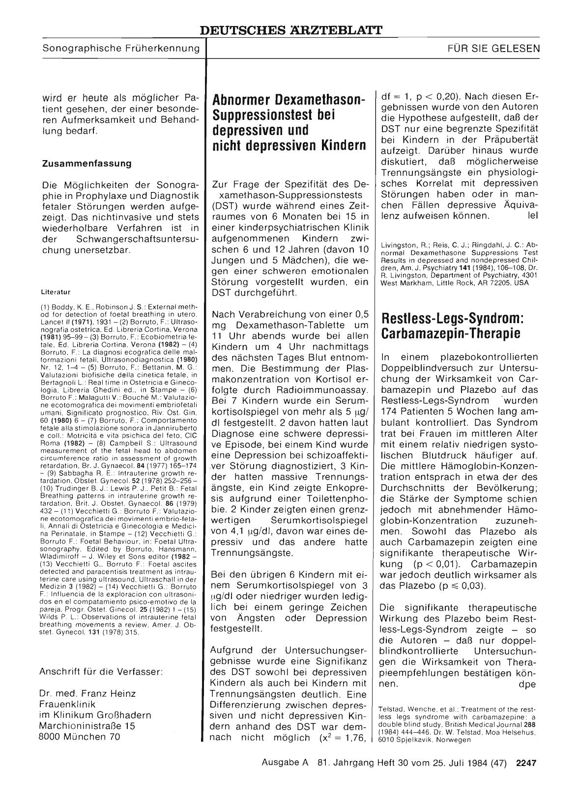 Vorschauseite 1: Abnormer DexamethasonSuppressionstest bei depressiven und nicht depressiven Kindern