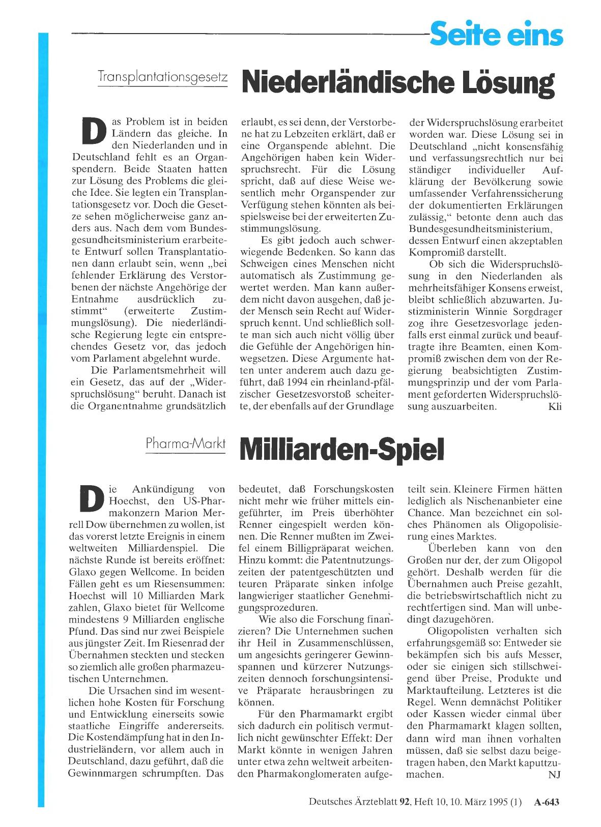 Vorschauseite 1: Transplantationsgesetz: Niederländische Lösung