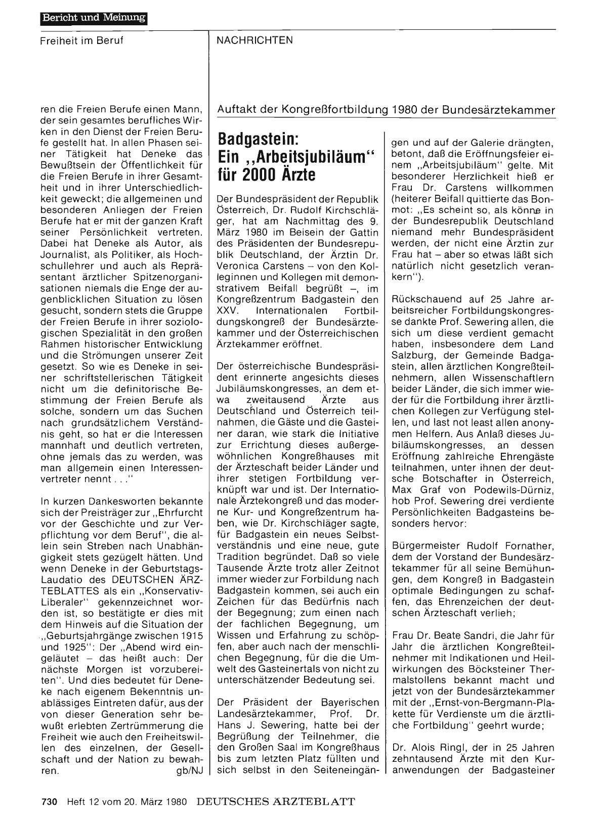 Vorschauseite 1: Auftakt der Kongreßfortbildung 1980 der Bundesärztekammer: Badgastein: Ein „Arbeitsjubiläum“ für 2000 Ärzte