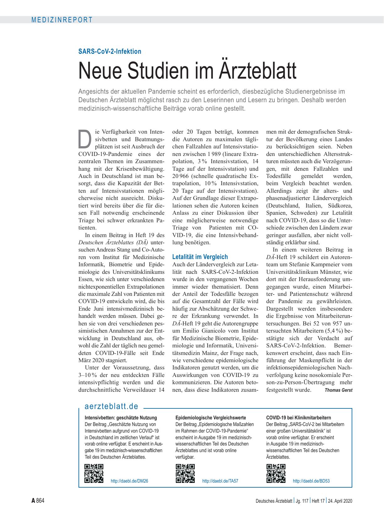 Vorschauseite 1: SARS-CoV-2-Infektion: Neue Studien im Ärzteblatt