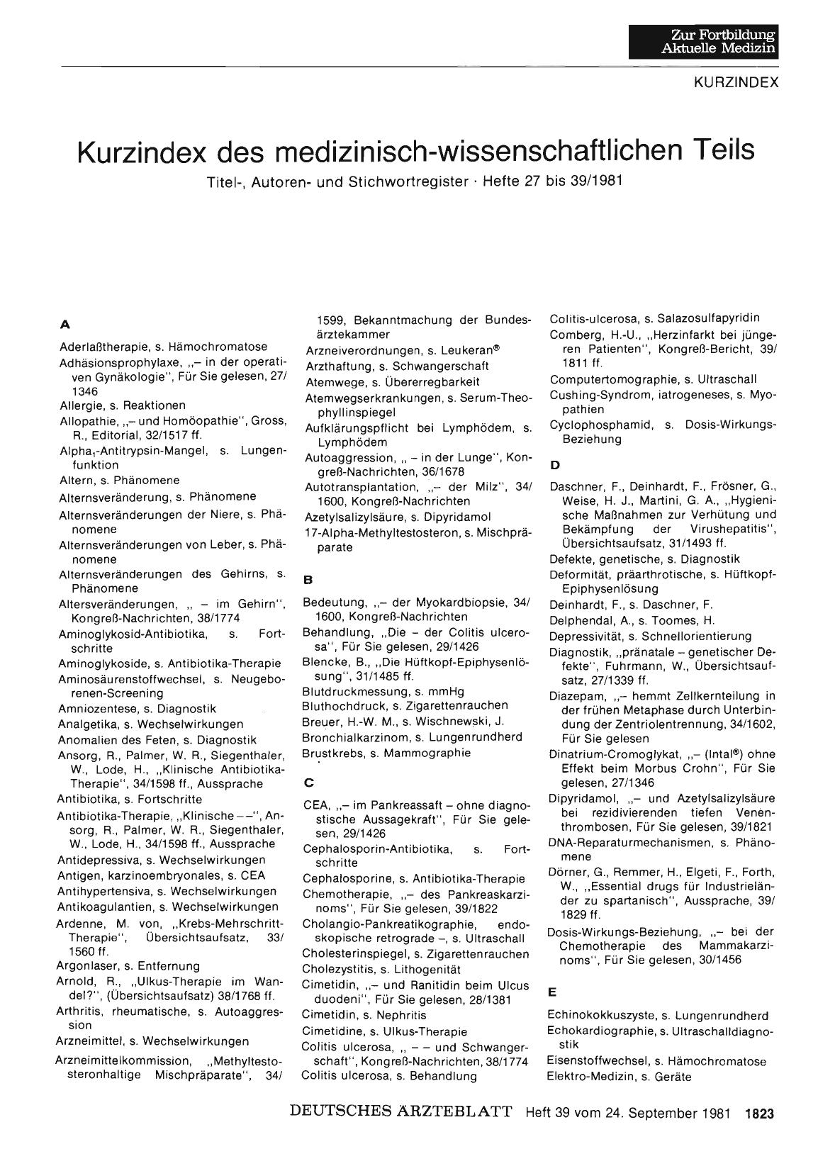 Vorschauseite 1: Kurzindex des medizinisch-wissenschaftlichen Teils
