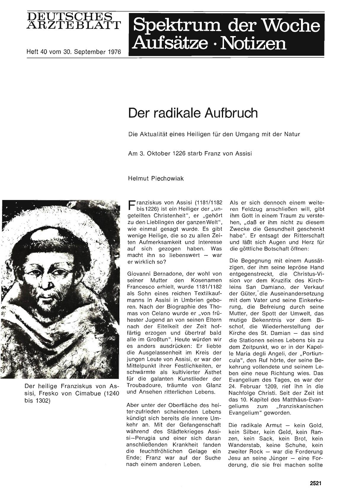 Vorschauseite 1: Der radikale Aufbruch: Die Aktualität eines Heiligen für den Umgang mit der Natur - Am 3. Oktober 1226 starb Franz von Assisi