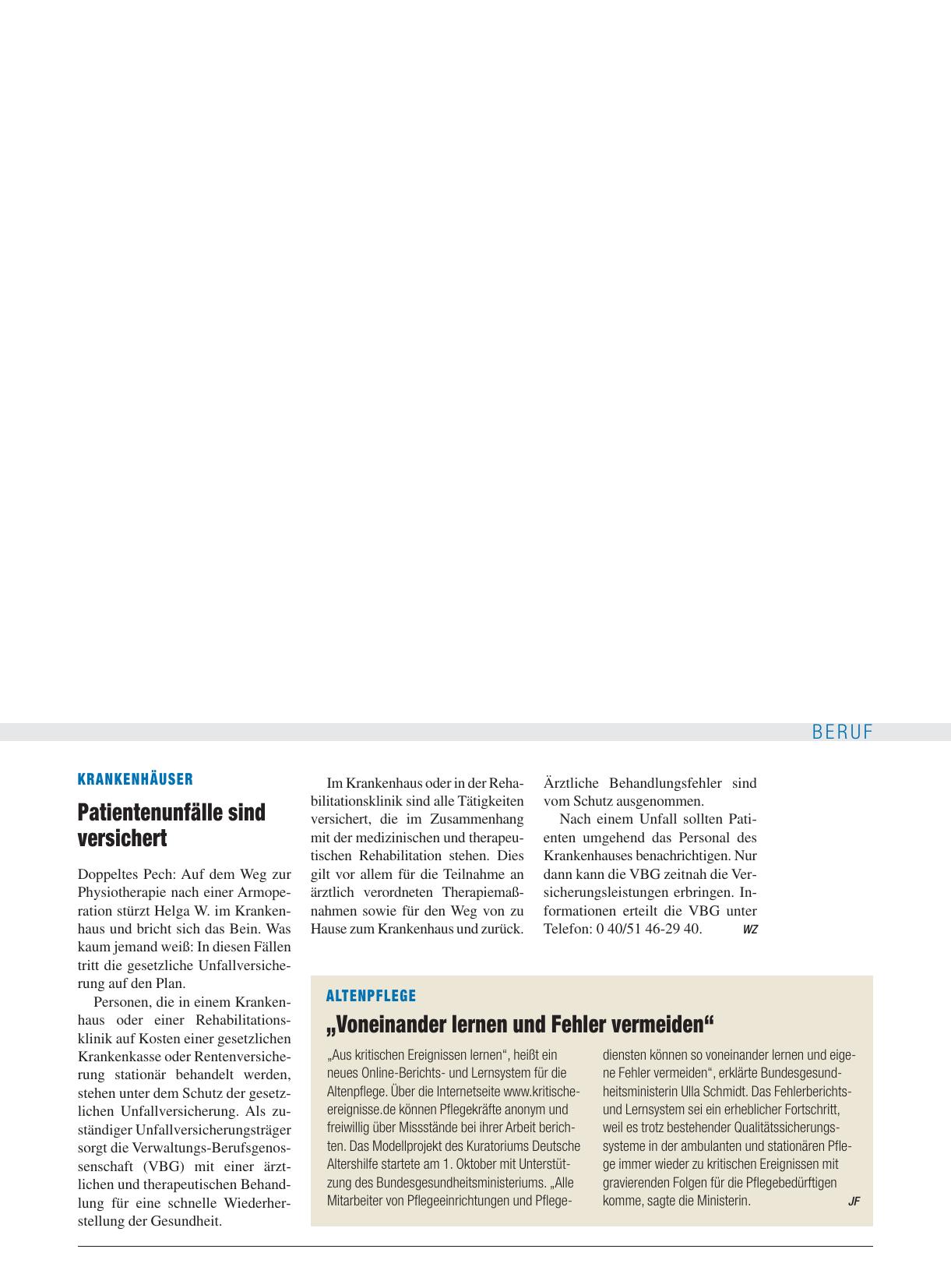 Vorschauseite 1: KRANKENHÄUSER: Patientenunfälle sind versichert