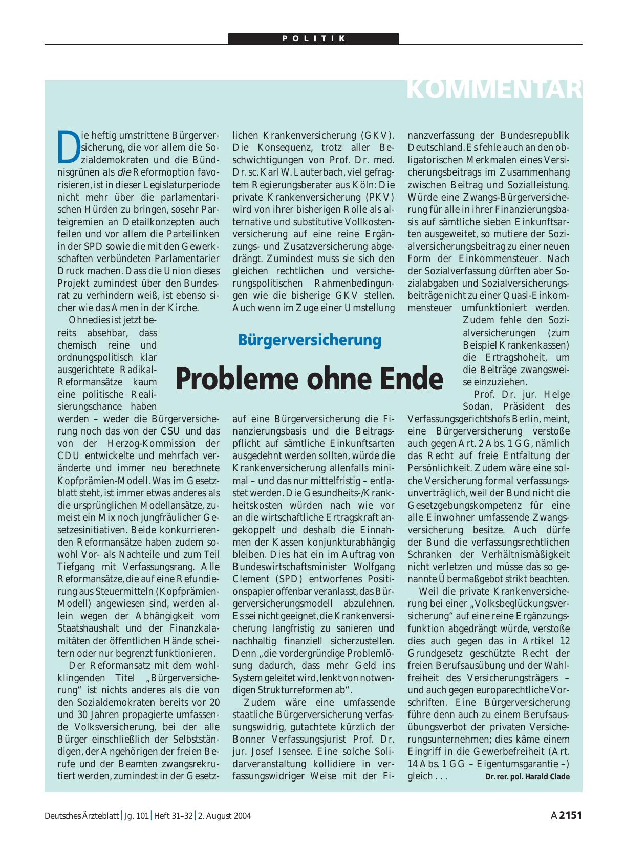 Vorschauseite 1: Bürgerversicherung: Probleme ohne Ende