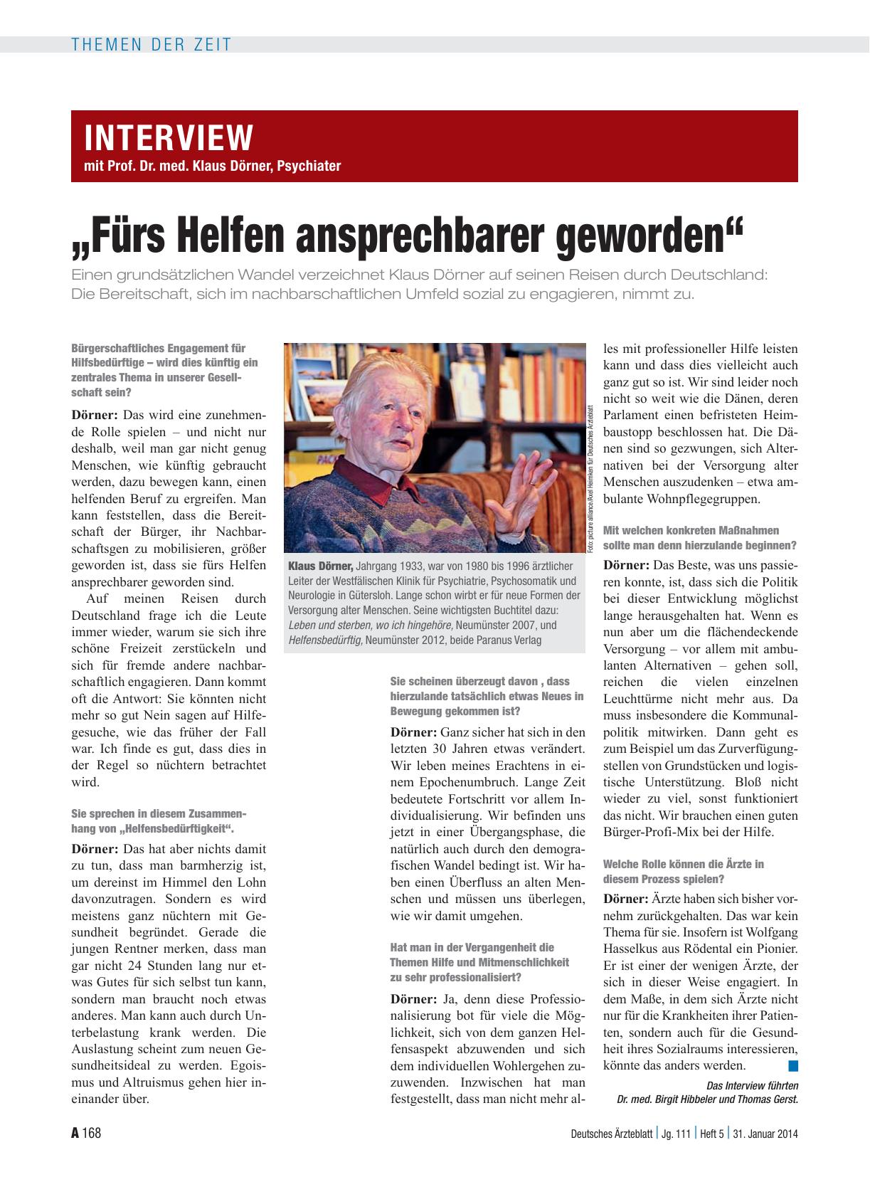 Vorschauseite 1: Interview mit Prof. Dr. med. Klaus Dörner, Psychiater: „Fürs Helfen ansprechbarer geworden“