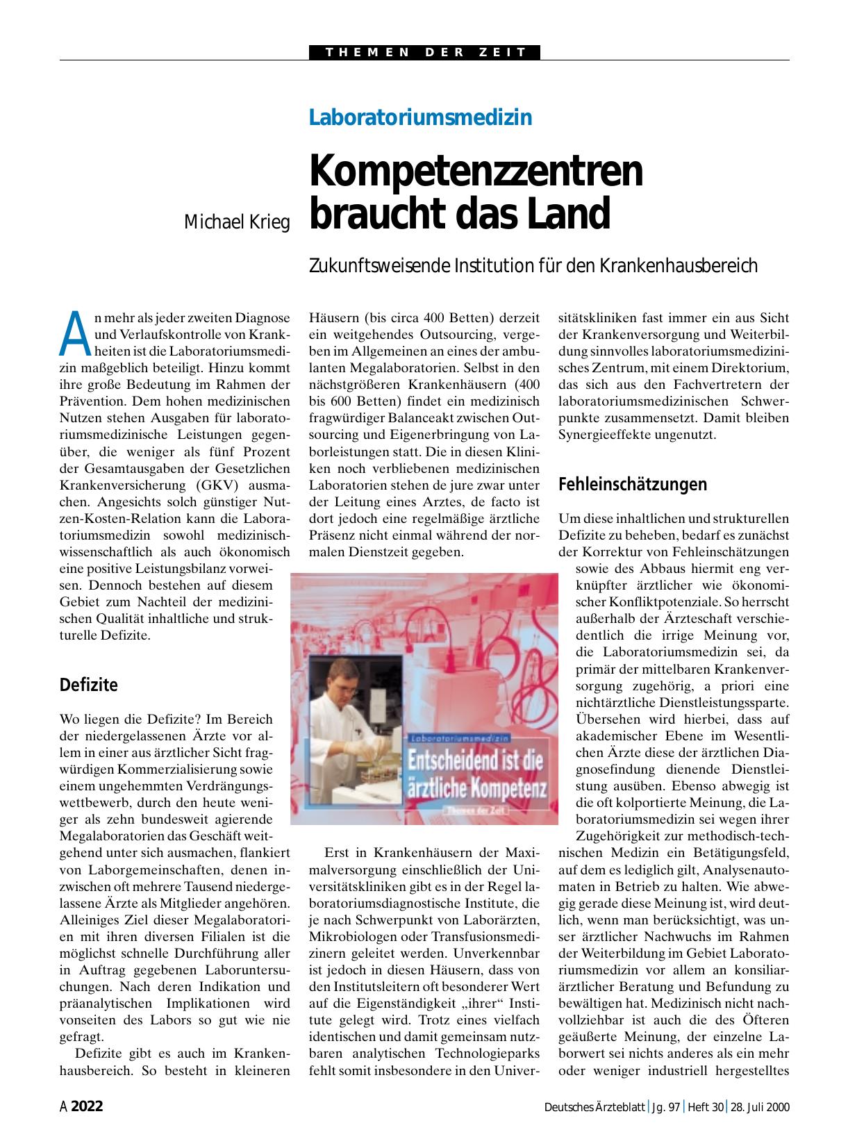Vorschauseite 1: Laboratoriumsmedizin: Kompetenzzentren braucht das Land