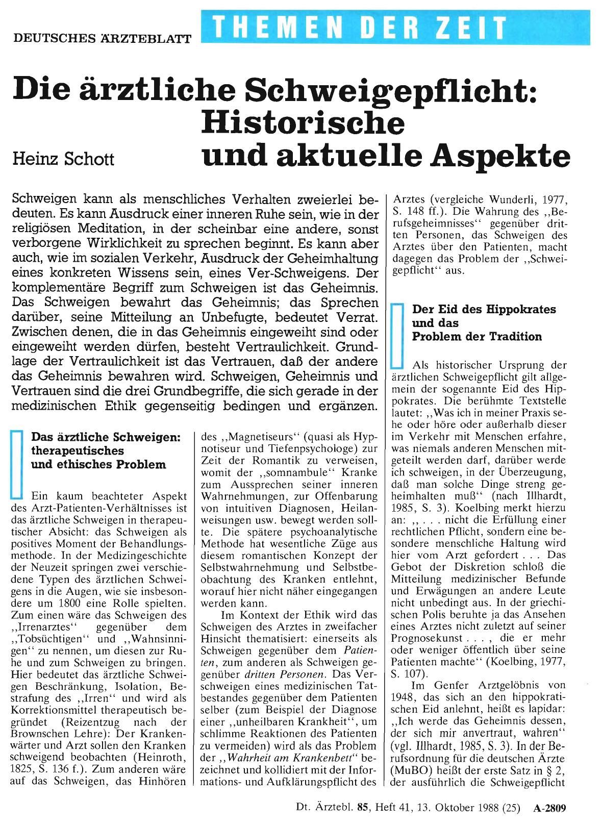 Vorschauseite 1: Die ärztliche Schweigepflicht: Historische und aktuelle Aspekte