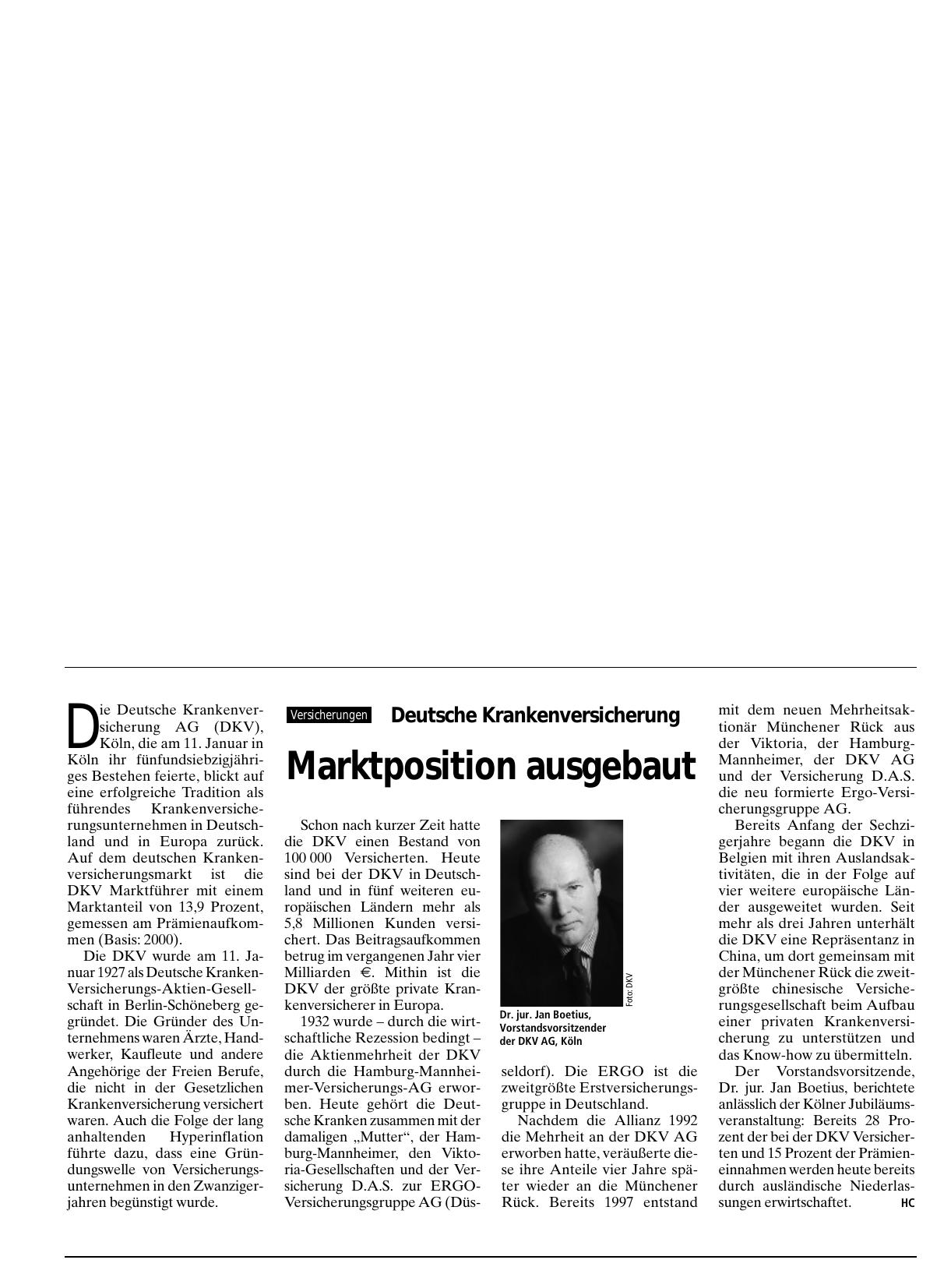 Vorschauseite 1: Deutsche Krankenversicherung: Marktposition ausgebaut