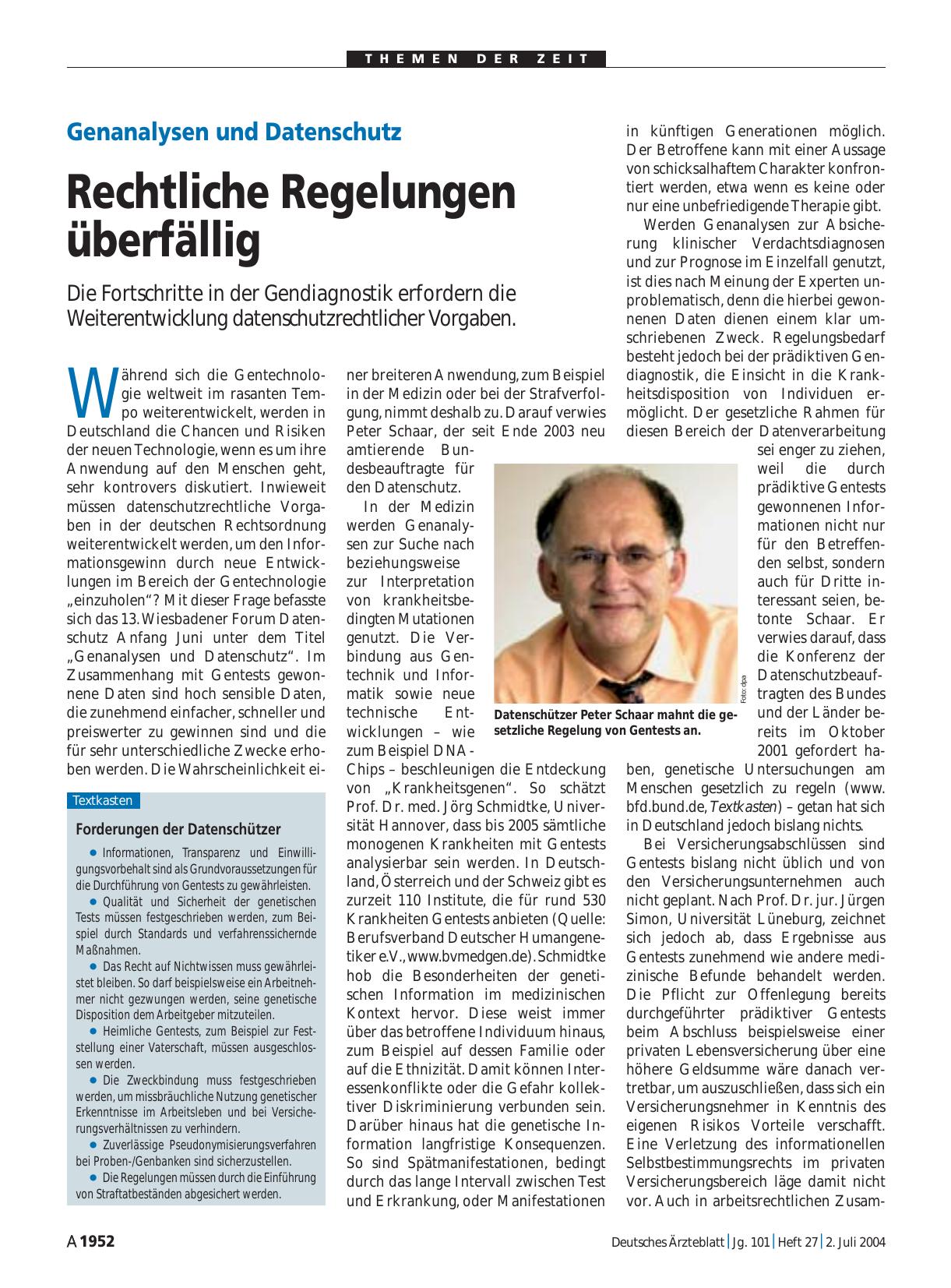 Vorschauseite 1: Genanalysen und Datenschutz: Rechtliche Regelungen überfällig