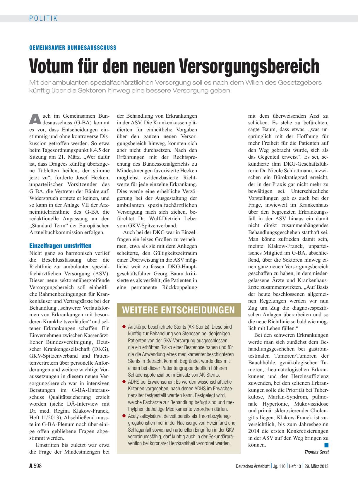 Vorschauseite 1: Gemeinsamer Bundesausschuss: Votum für den neuen Versorgungsbereich