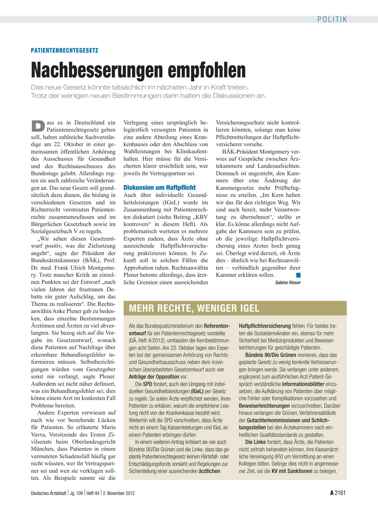 Vorschauseite 1: Patientenrechtegesetz: Nachbesserungen empfohlen